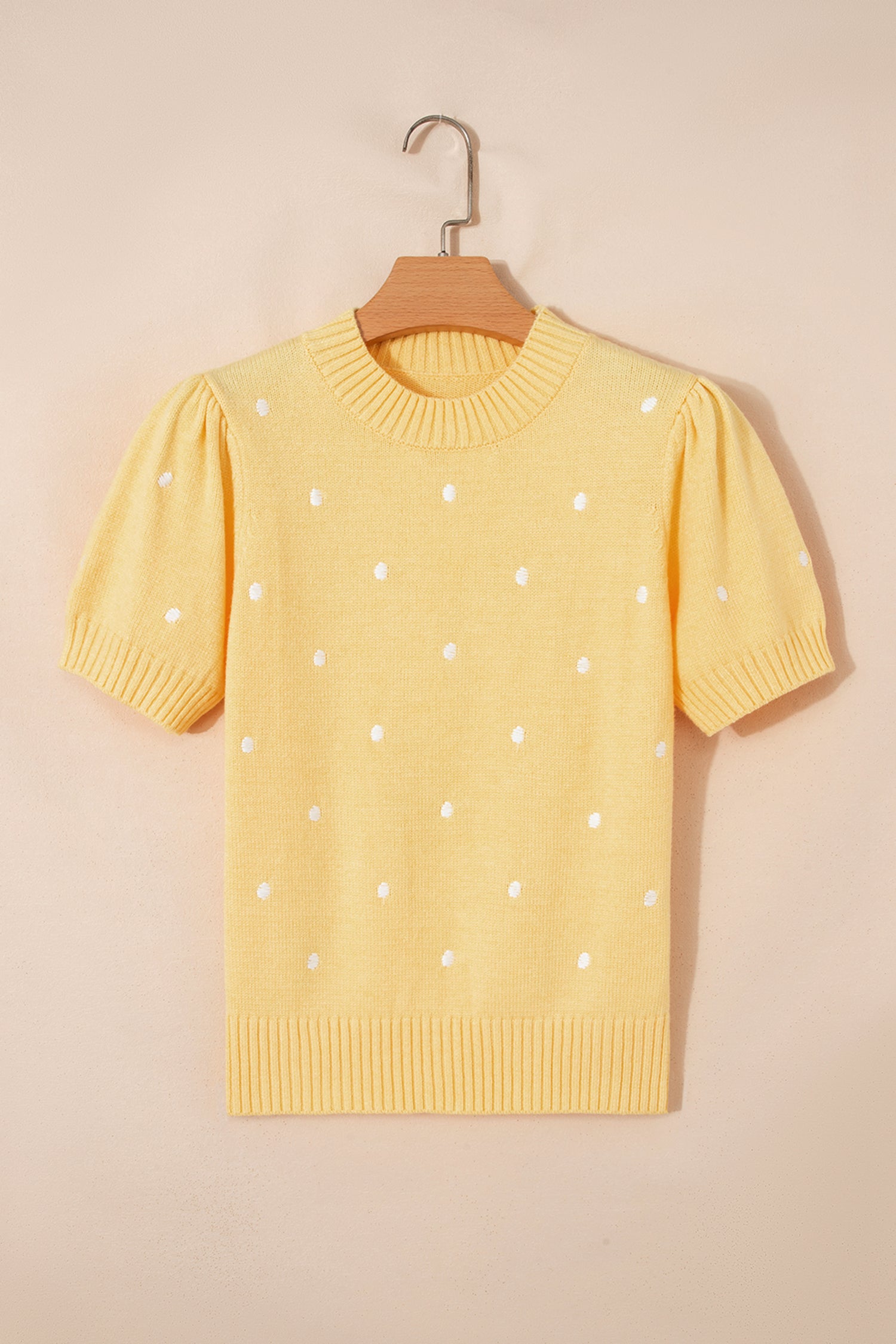 Yellow Cream Elegant Polka Dot Bubble Short Sleeve Sweater-TOPS / DRESSES-[Adult]-[Female]-2022 Online Blue Zone Planet
