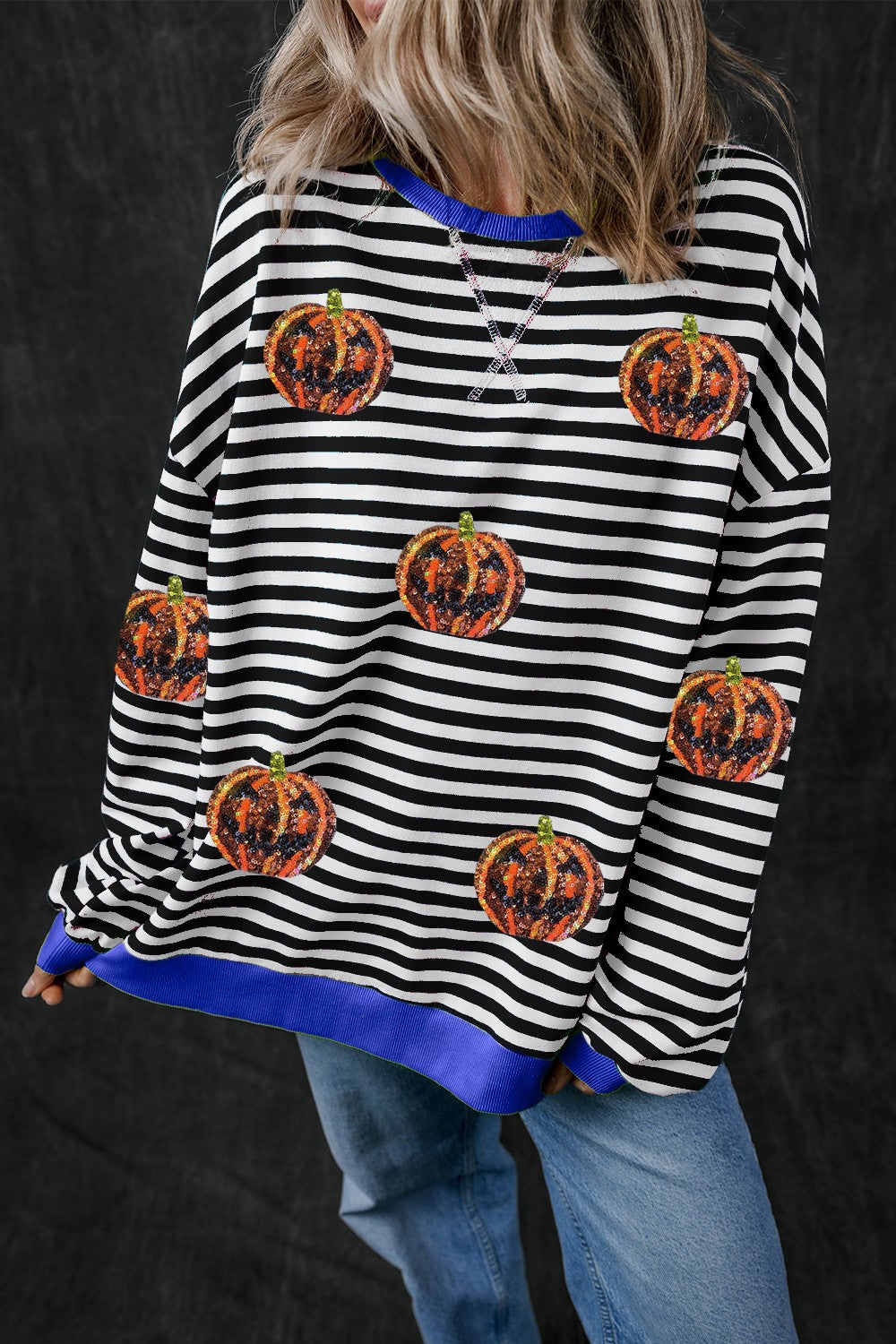 Pumpkin Striped Round Neck Long Sleeve Sweatshirt-TOPS / DRESSES-[Adult]-[Female]-Black-S-2022 Online Blue Zone Planet