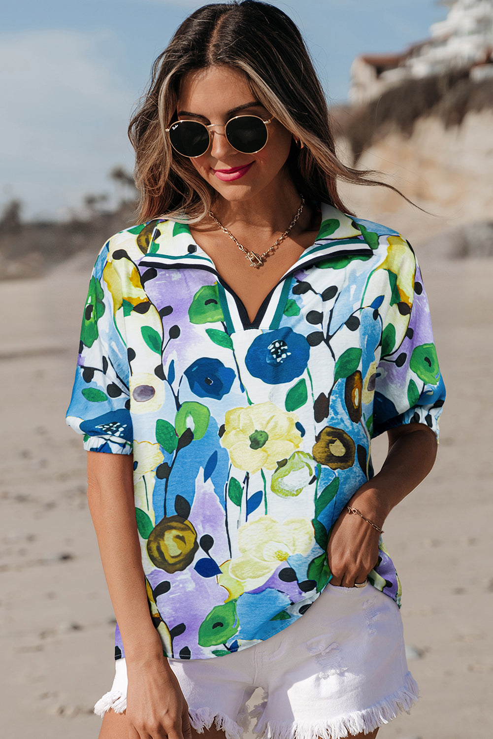 Light Blue Floral Print Slit V Neck Short Sleeve Blouse-Tops/Blouses & Shirts-[Adult]-[Female]-2022 Online Blue Zone Planet