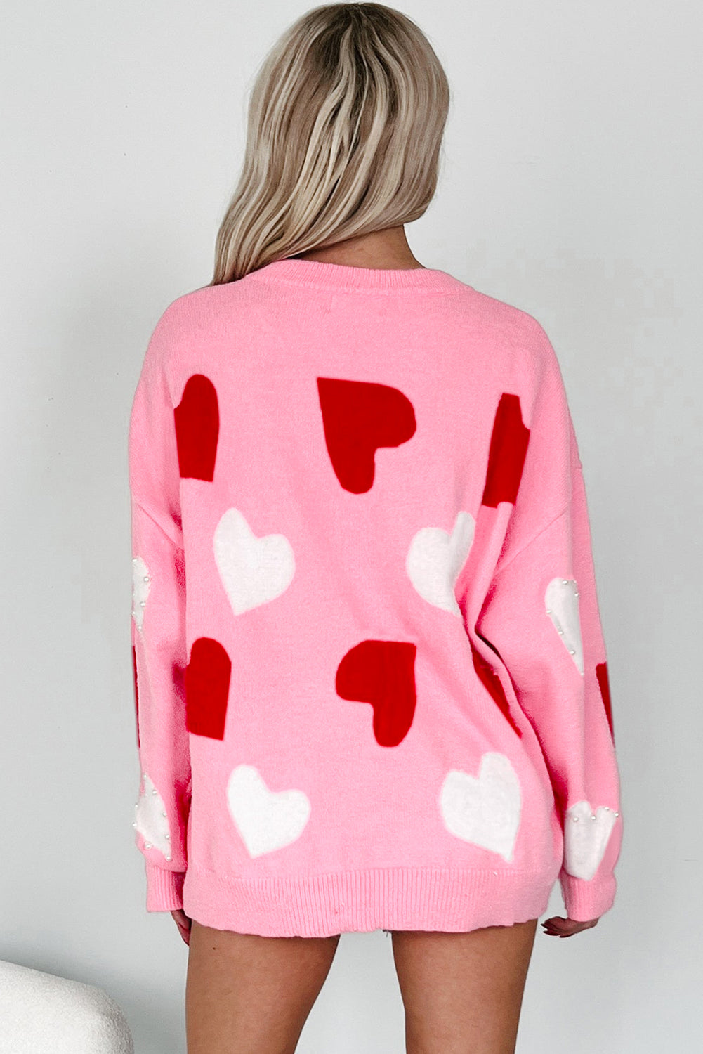 Pink Pearl Embellished Heart Pattern Valentines Day Sweater-TOPS / DRESSES-[Adult]-[Female]-2022 Online Blue Zone Planet