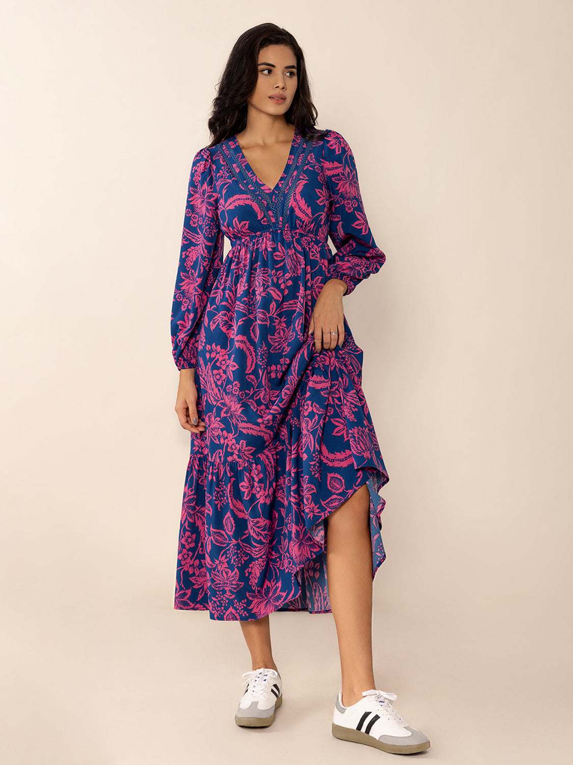 Blue Zone Planet | Printed V-Neck Long Sleeve Midi Dress-TOPS / DRESSES-[Adult]-[Female]-2022 Online Blue Zone Planet