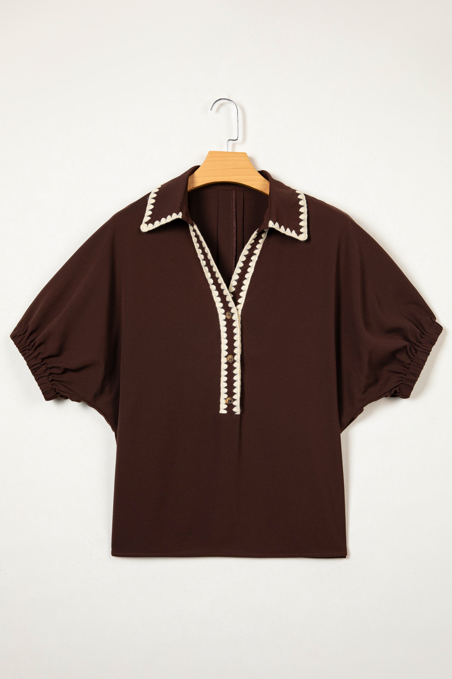 Coffee Shirt Collar Contrast Trim Button V Neck Short Sleeve Blouse-Tops/Blouses & Shirts-[Adult]-[Female]-2022 Online Blue Zone Planet