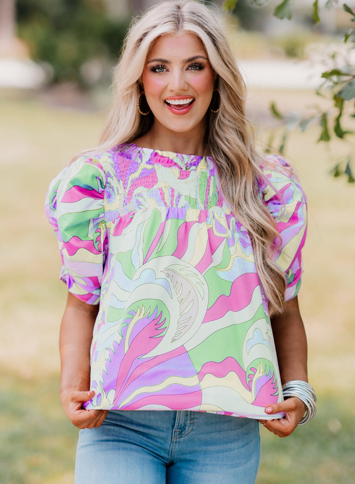Green Abstract Print Bubble Sleeve Smock Detail Blouse-Tops/Blouses & Shirts-[Adult]-[Female]-2022 Online Blue Zone Planet