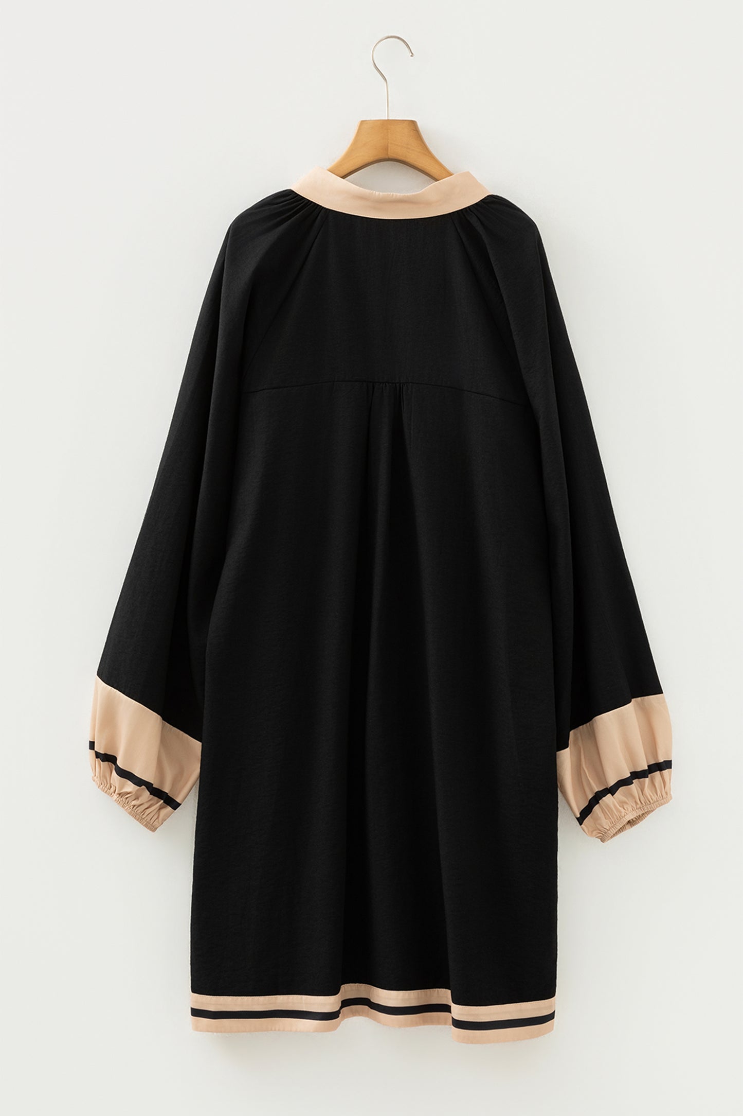 Black Plus Size Color Block Striped Trim V Neck Long Sleeve Shift Mini Dress-TOPS / DRESSES-[Adult]-[Female]-2022 Online Blue Zone Planet