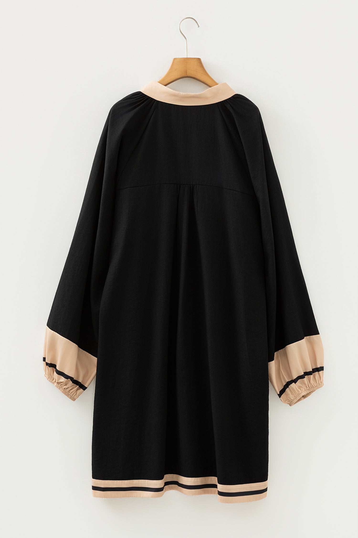 Black Plus Size Color Block Striped Trim V Neck Long Sleeve Shift Mini Dress-TOPS / DRESSES-[Adult]-[Female]-2022 Online Blue Zone Planet