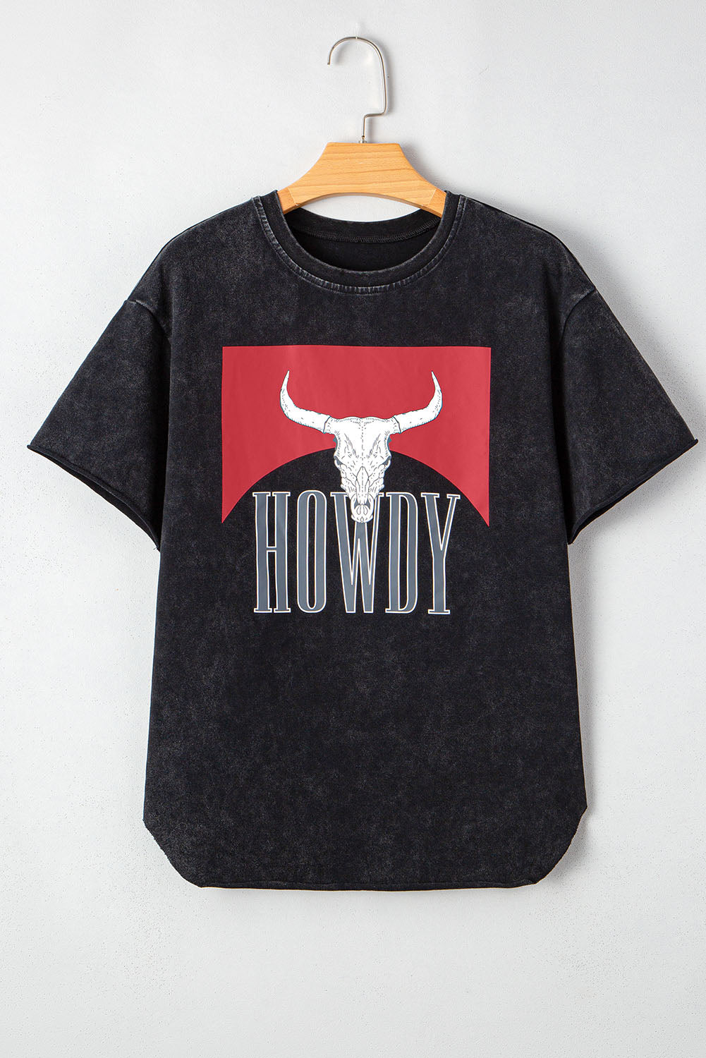 Black Western Howdy Steer Head Print Side Slits Loose Fit T Shirt-Graphic/Graphic Tees-[Adult]-[Female]-2022 Online Blue Zone Planet