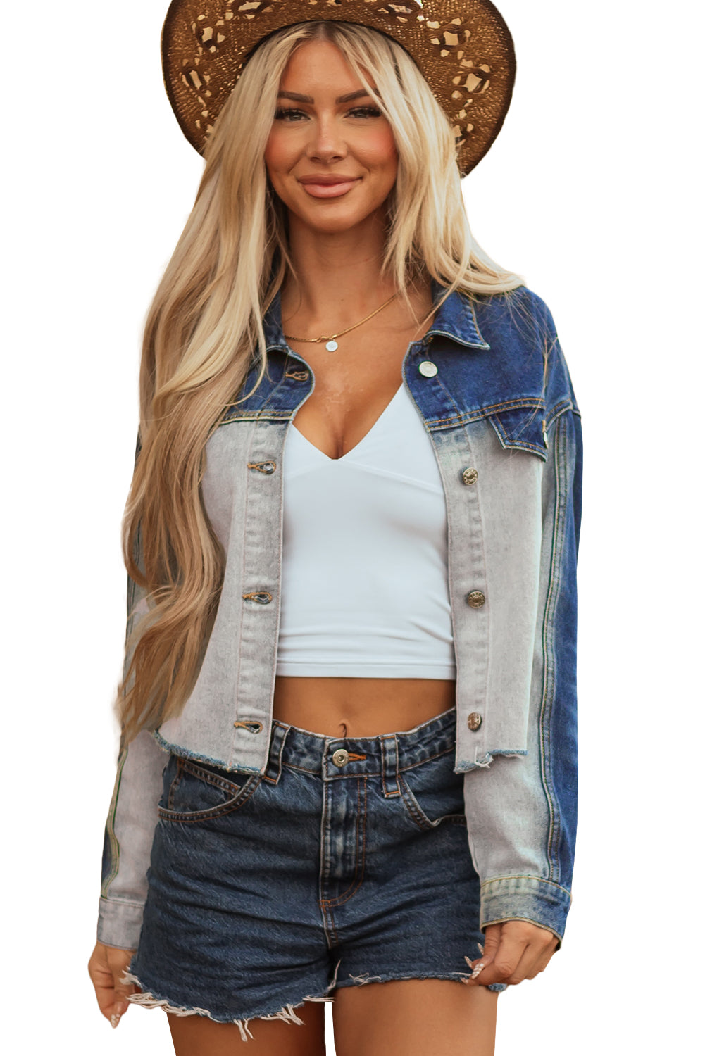 Dusk Blue Color Block Patchwork Flap Detail Distress Denim Jacket-Outerwear/Denim jackets-[Adult]-[Female]-2022 Online Blue Zone Planet