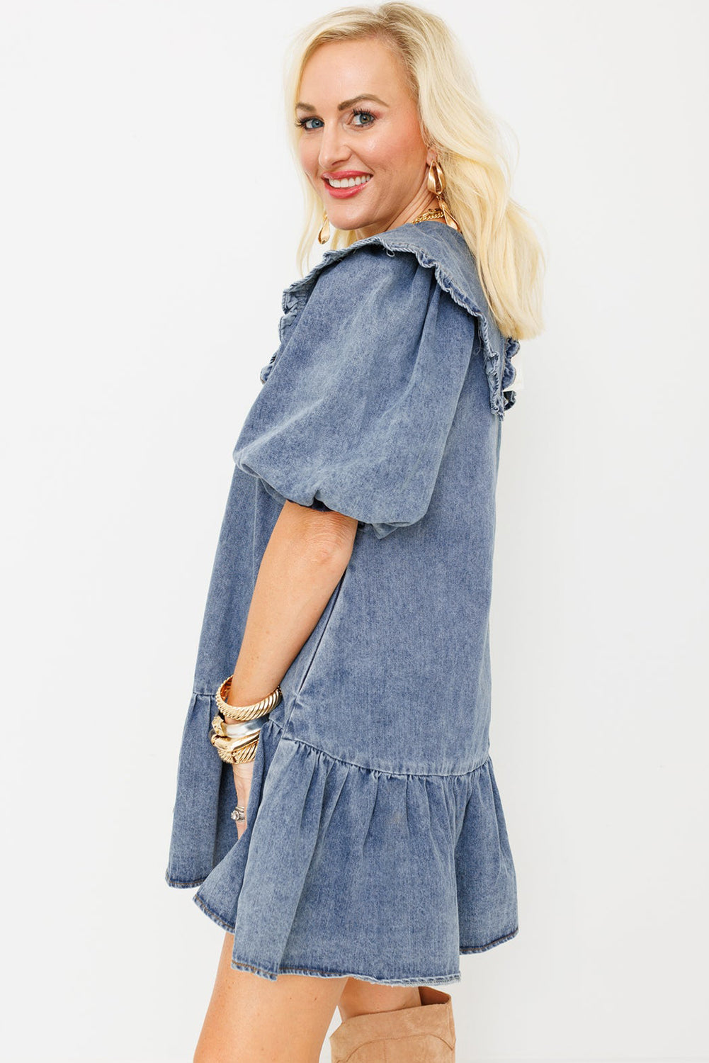 Dusk Blue Ruffled Collared Side Pockets Puff Sleeve Denim Mini Dress-Dresses/Mini Dresses-[Adult]-[Female]-2022 Online Blue Zone Planet