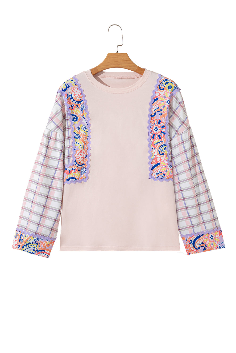Delicacy Ricrac Trim Floral Plaid Patchwork Puff Sleeve Blouse-Tops/Blouses & Shirts-[Adult]-[Female]-2022 Online Blue Zone Planet