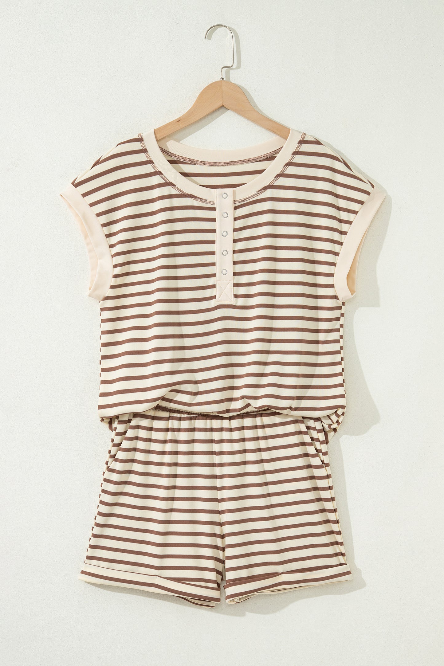 Brown Stripe Half Buttons Top and Shorts Set-Two Piece Sets/Short Sets-[Adult]-[Female]-2022 Online Blue Zone Planet