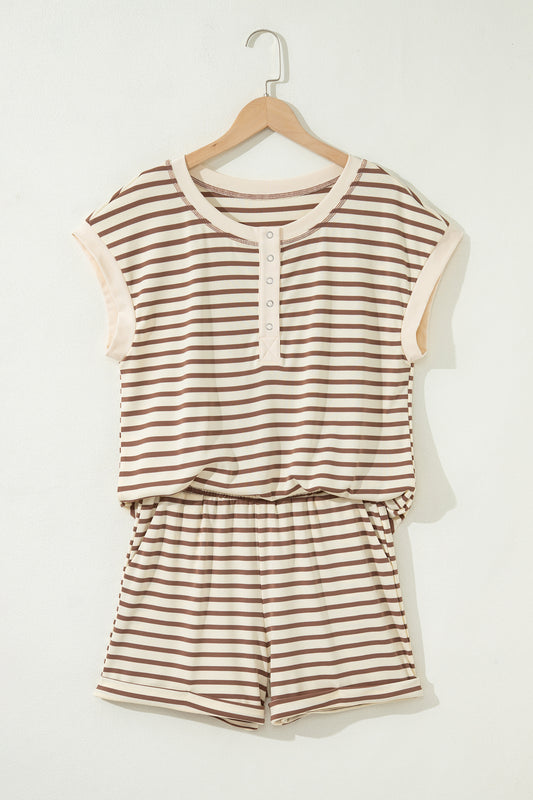 Brown Stripe Half Buttons Top and Shorts Set-Two Piece Sets/Short Sets-[Adult]-[Female]-2022 Online Blue Zone Planet