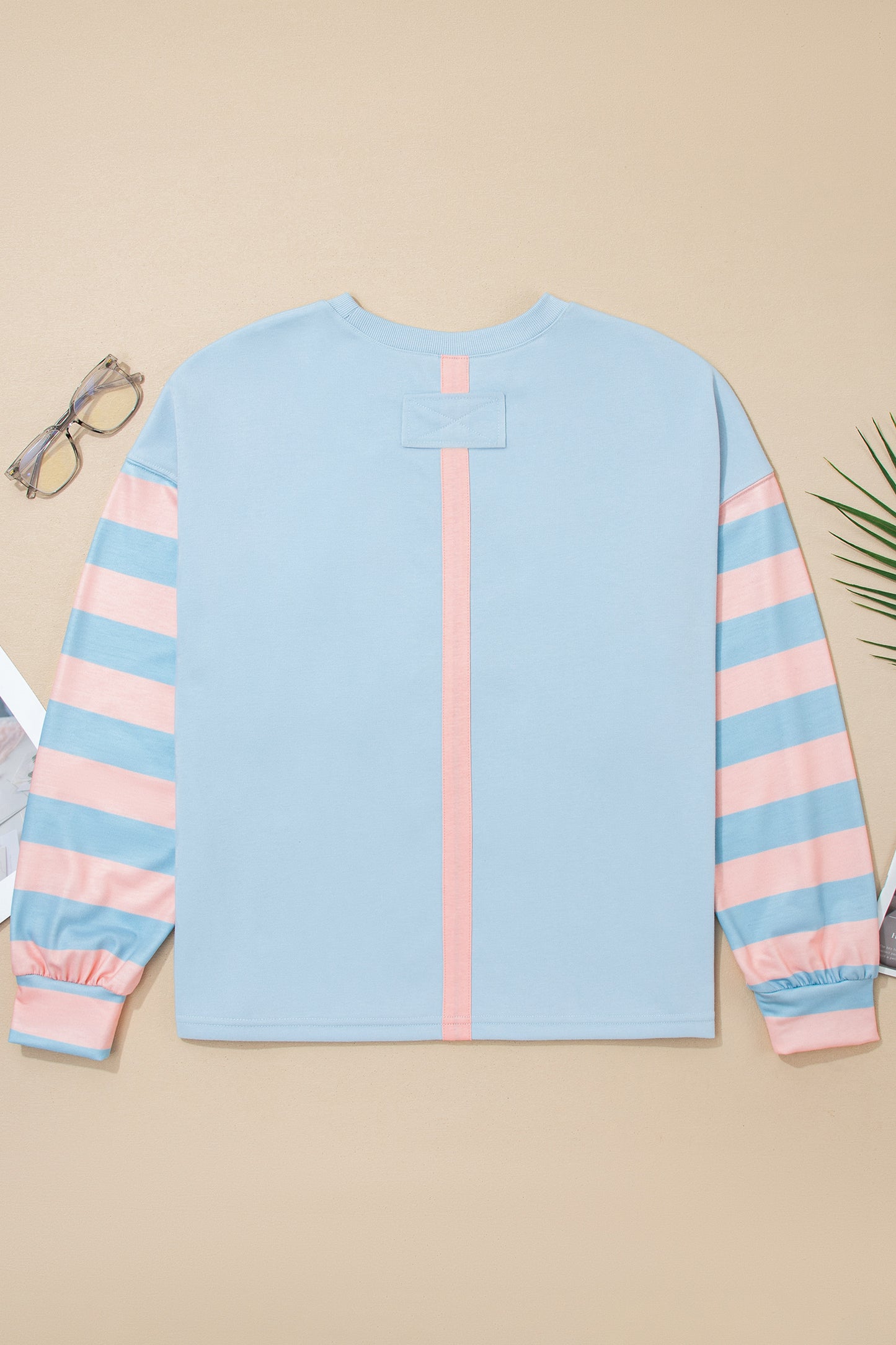 Beau Blue Big Flower Patch Drop Shoulder Striped Long Sleeve Top-Tops/Long Sleeve Tops-[Adult]-[Female]-2022 Online Blue Zone Planet