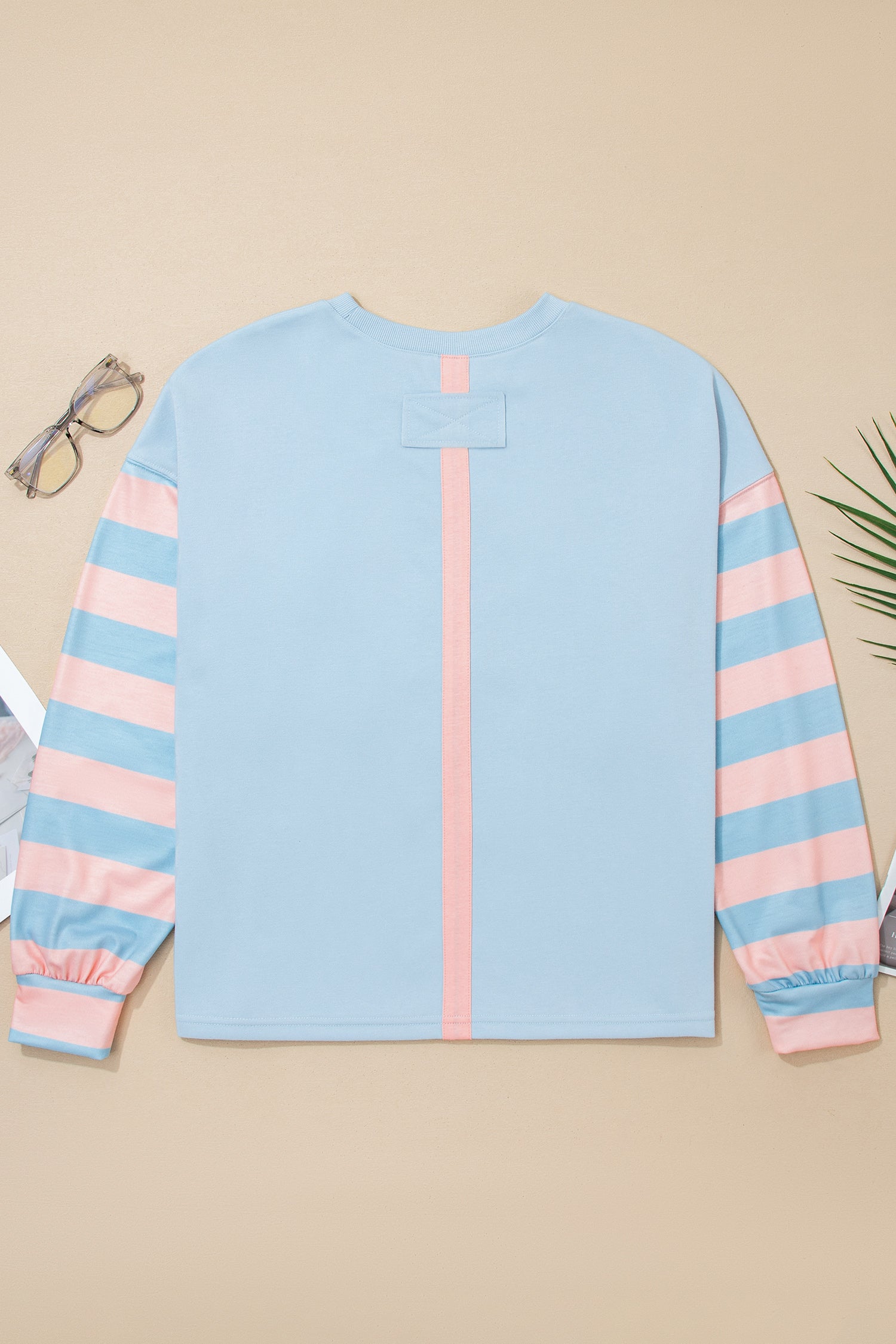 Beau Blue Big Flower Patch Drop Shoulder Striped Long Sleeve Top-Tops/Long Sleeve Tops-[Adult]-[Female]-2022 Online Blue Zone Planet