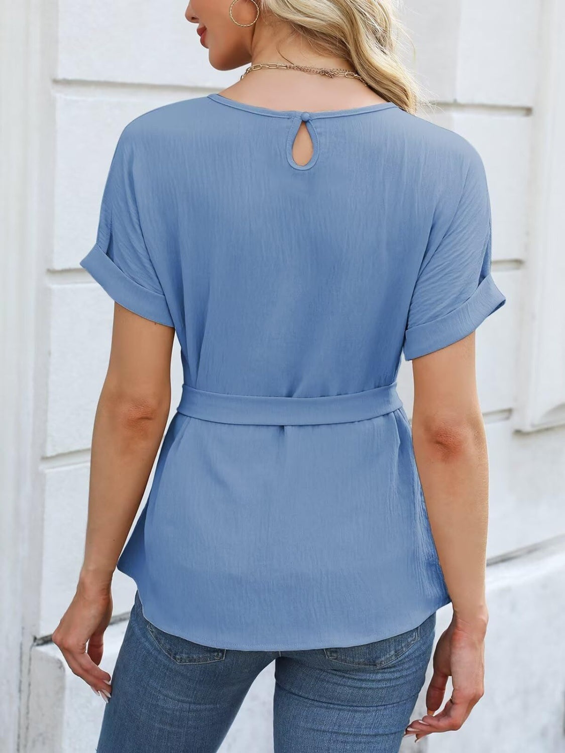 Tied Pleated Round Neck Short Sleeve Top-TOPS / DRESSES-[Adult]-[Female]-2022 Online Blue Zone Planet