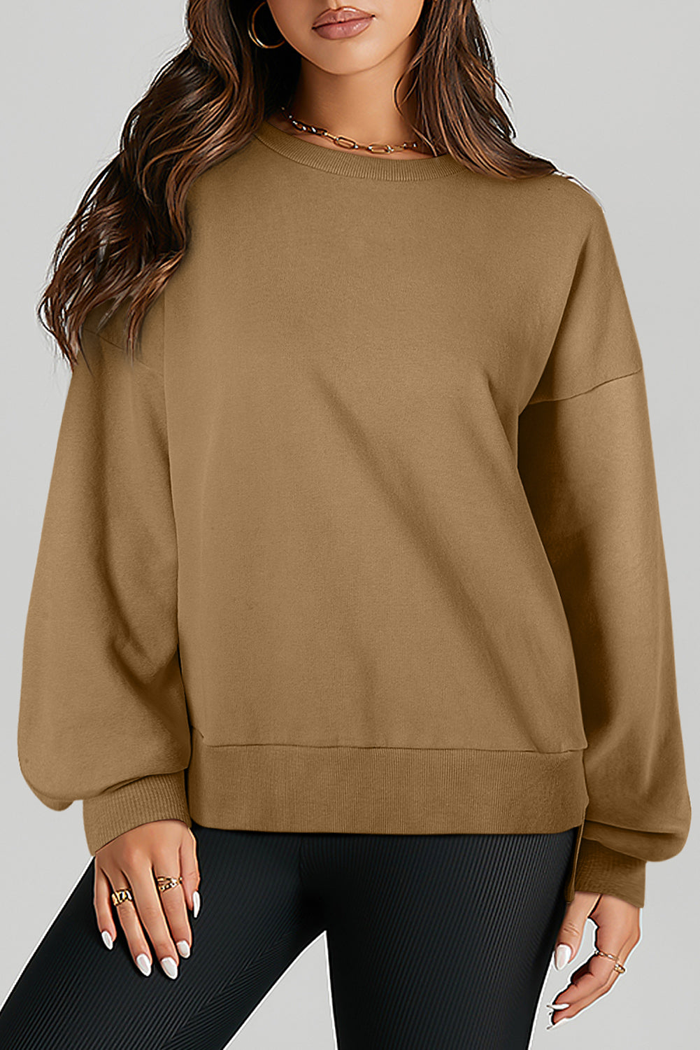 Parchment Solid O Neck High Low Hem Pullover Sweatshirt-Tops/Sweatshirts & Hoodies-[Adult]-[Female]-Brown-S-2022 Online Blue Zone Planet