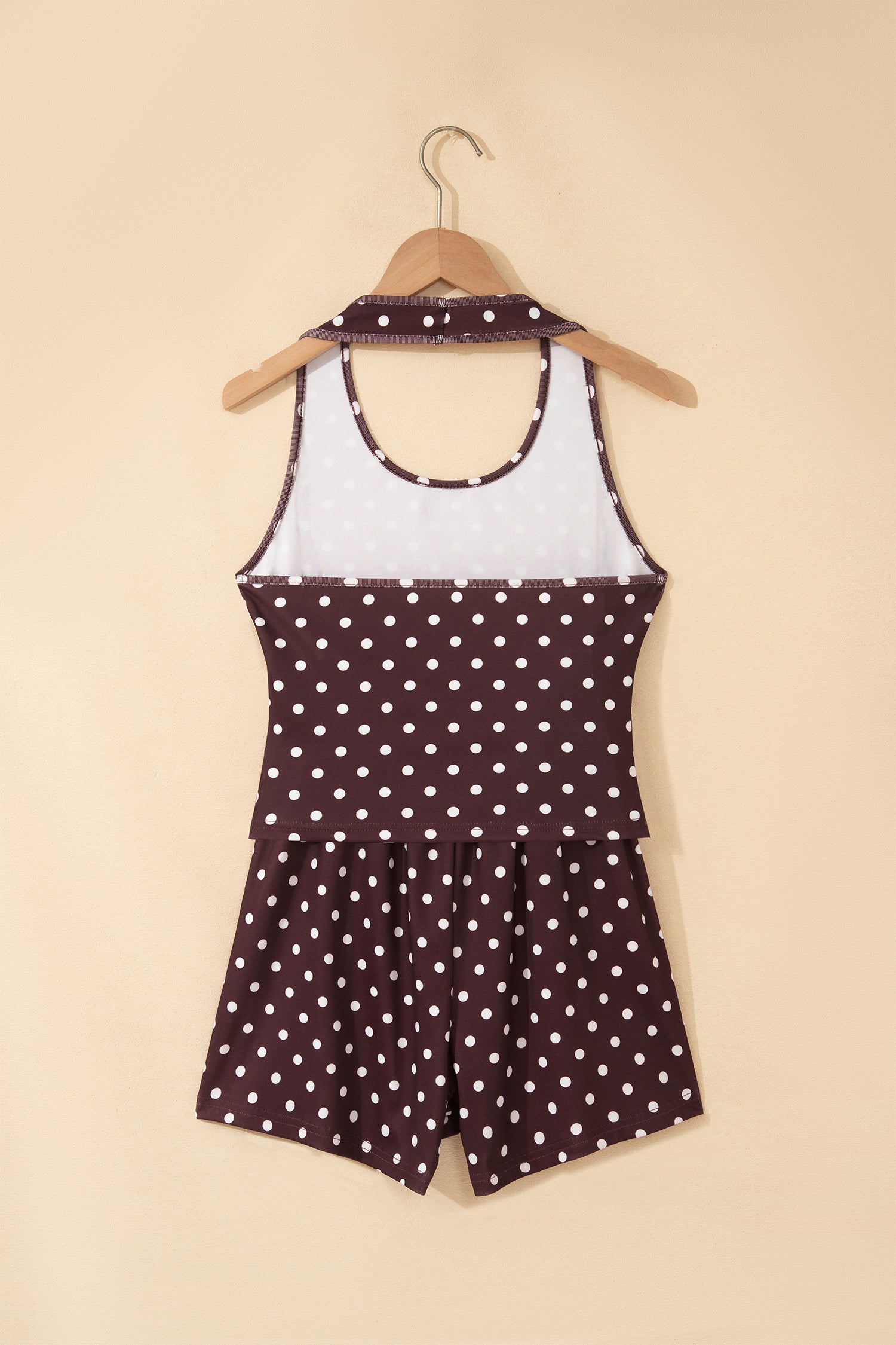 Brown Polka Dot Halter Tank Drawstring Elastic Waist Short Set-Two Piece Sets/Short Sets-[Adult]-[Female]-2022 Online Blue Zone Planet