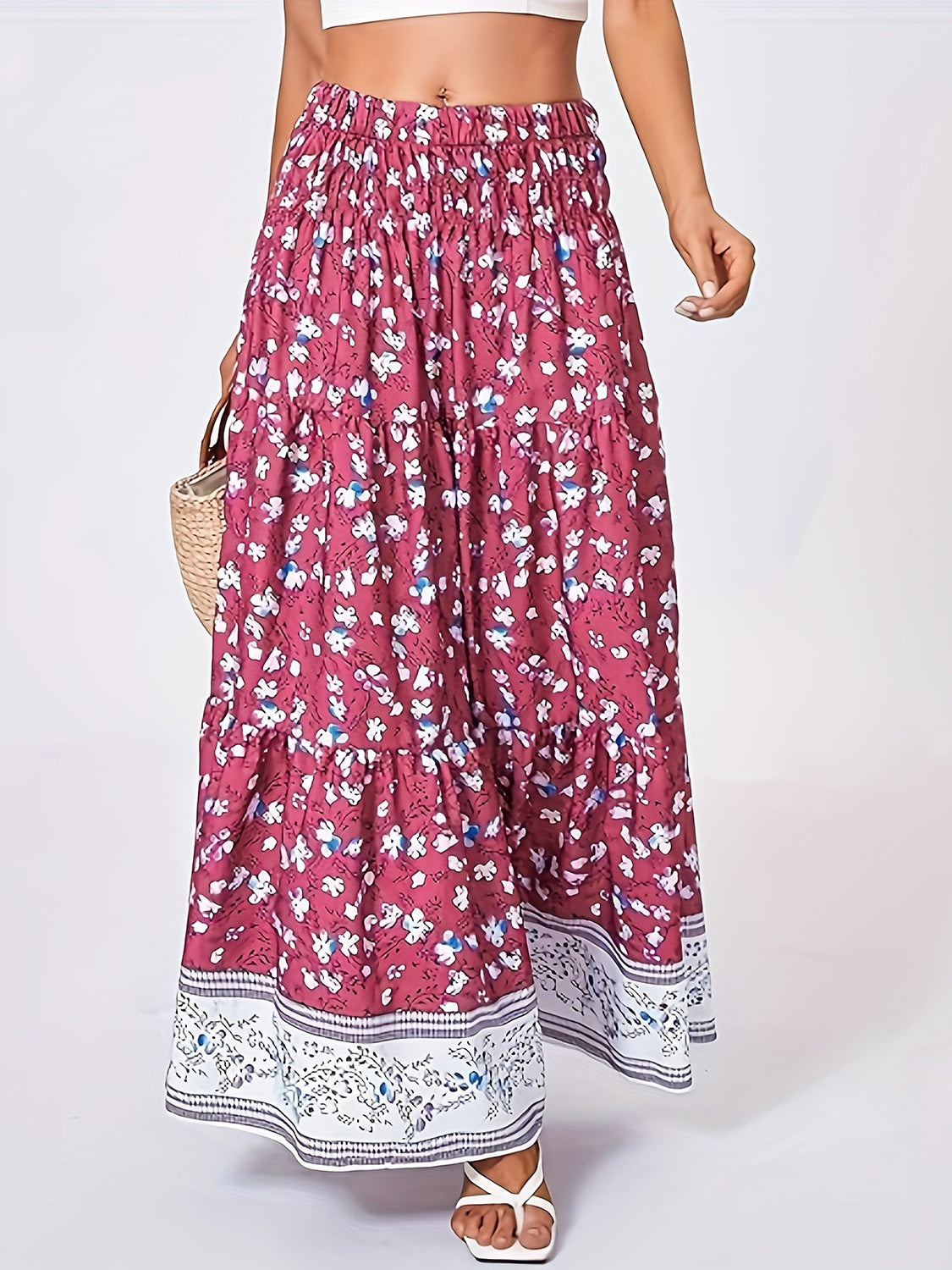 Full Size Tiered Printed Elastic Waist Skirt-BOTTOMS SIZES SMALL MEDIUM LARGE-[Adult]-[Female]-2022 Online Blue Zone Planet