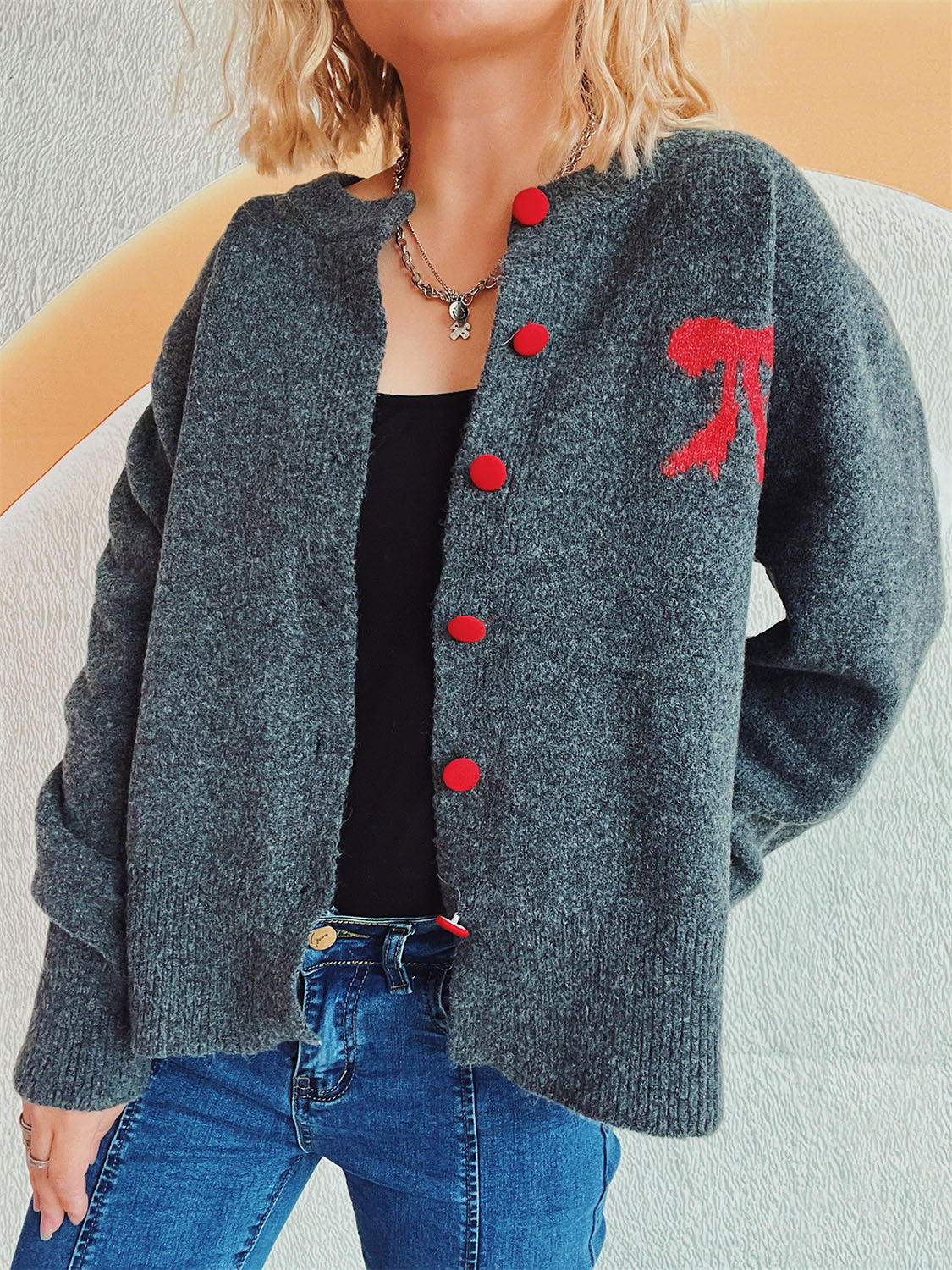 Bow Round Neck Button Up Long Sleeve Cardigan-TOPS / DRESSES-[Adult]-[Female]-Dark Gray-One Size-2022 Online Blue Zone Planet