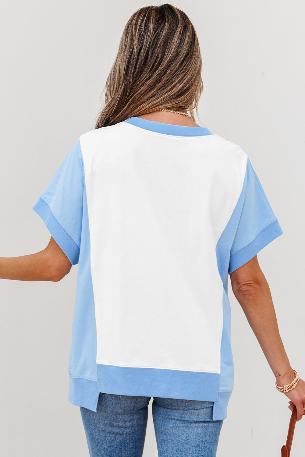 Sky Blue Color Block Exposed Seam Crew Neck T Shirt-Tops/Tops & Tees-[Adult]-[Female]-2022 Online Blue Zone Planet