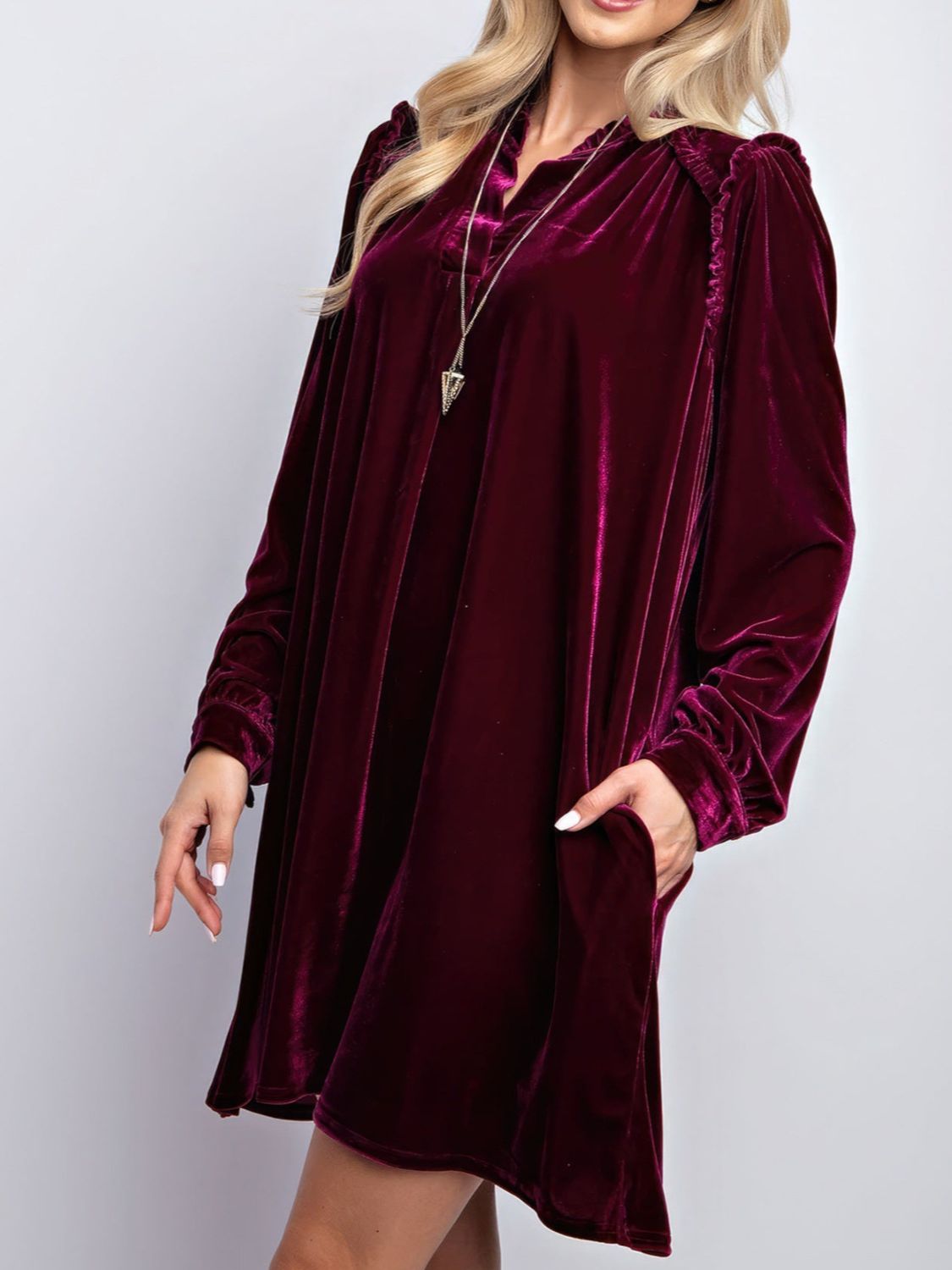 Blue Zone Planet | Frill Notched Long Sleeve Dress with Pockets-TOPS / DRESSES-[Adult]-[Female]-Burgundy-S-2022 Online Blue Zone Planet