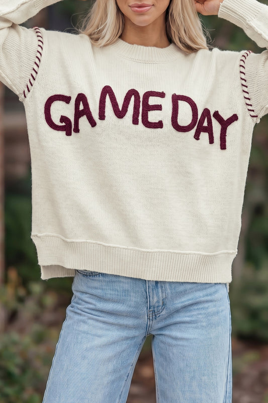 Beige Drop Shoulder Game Day Letter Print Pullover Sweater-TOPS / DRESSES-[Adult]-[Female]-Beige-S-2022 Online Blue Zone Planet