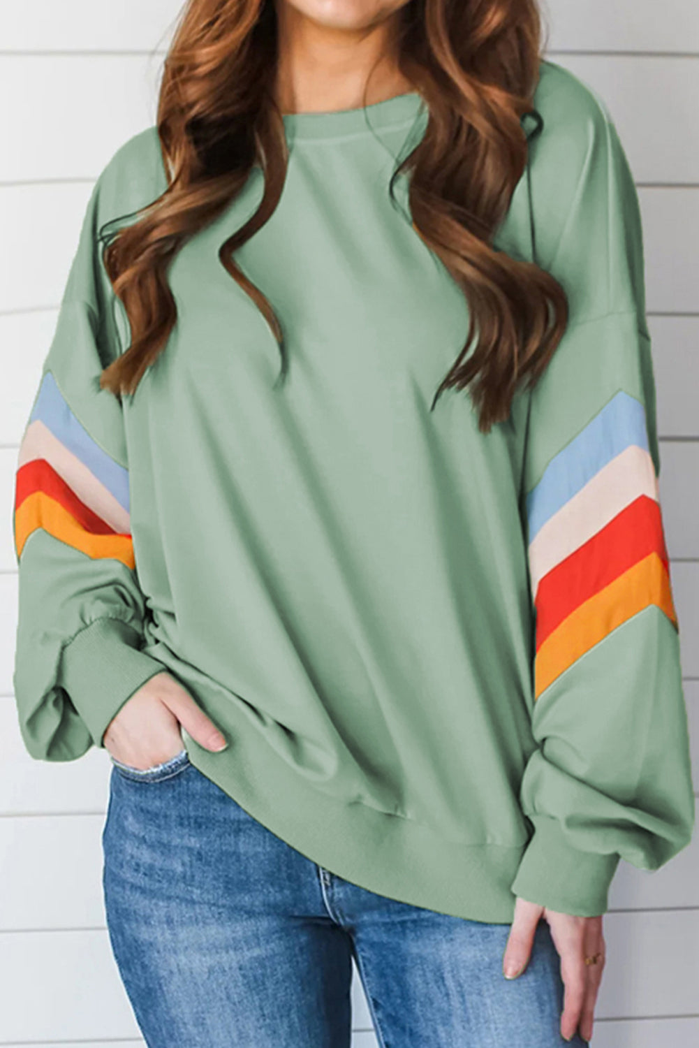 Flamingo Rainbow Striped Sleeve Crew Neck Loose Sweatshirt-Tops/Sweatshirts & Hoodies-[Adult]-[Female]-Moonlight Jade-S-2022 Online Blue Zone Planet