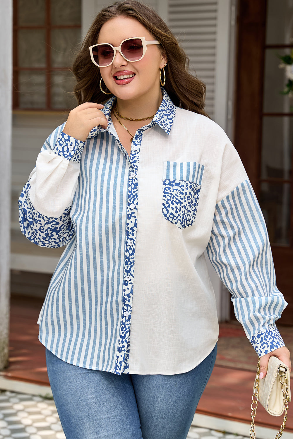 Sky Blue Leopard Striped Patchwork Casual Plus Shirt-Plus Size/Plus Size Tops/Plus Size Blouses & Shirts-[Adult]-[Female]-2022 Online Blue Zone Planet