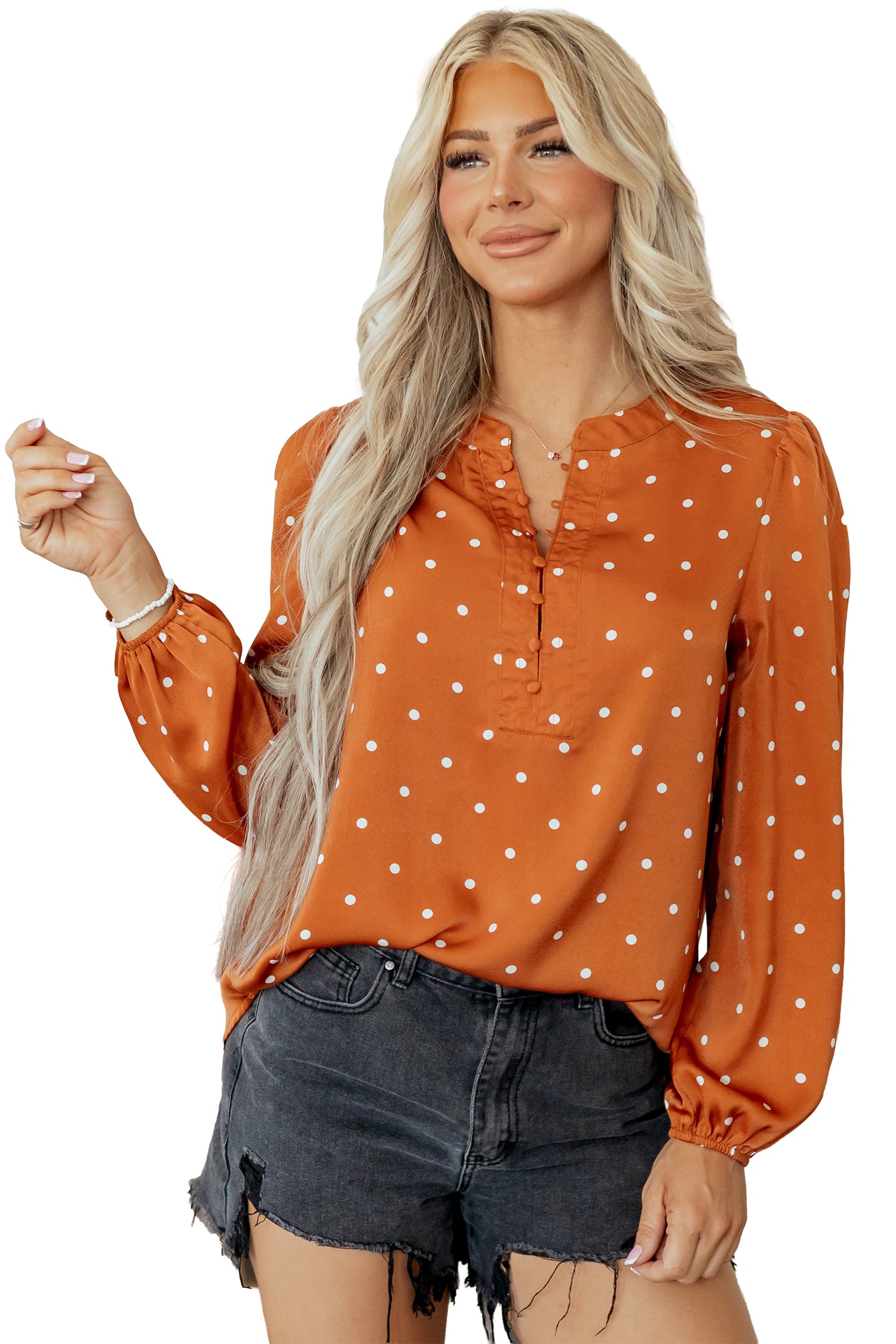 Brown Polka Dot Half Button V Neck Long Sleeve Blouse-Tops/Blouses & Shirts-[Adult]-[Female]-2022 Online Blue Zone Planet