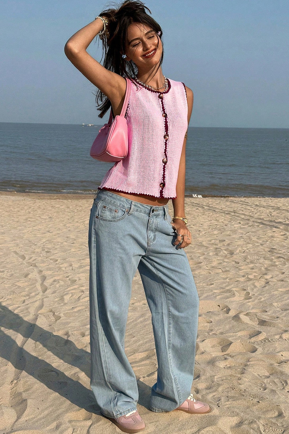 Pink Contrast Trim Buttoned Front Sweater Vest-Sweaters & Cardigans/Sweater Vests-[Adult]-[Female]-2022 Online Blue Zone Planet