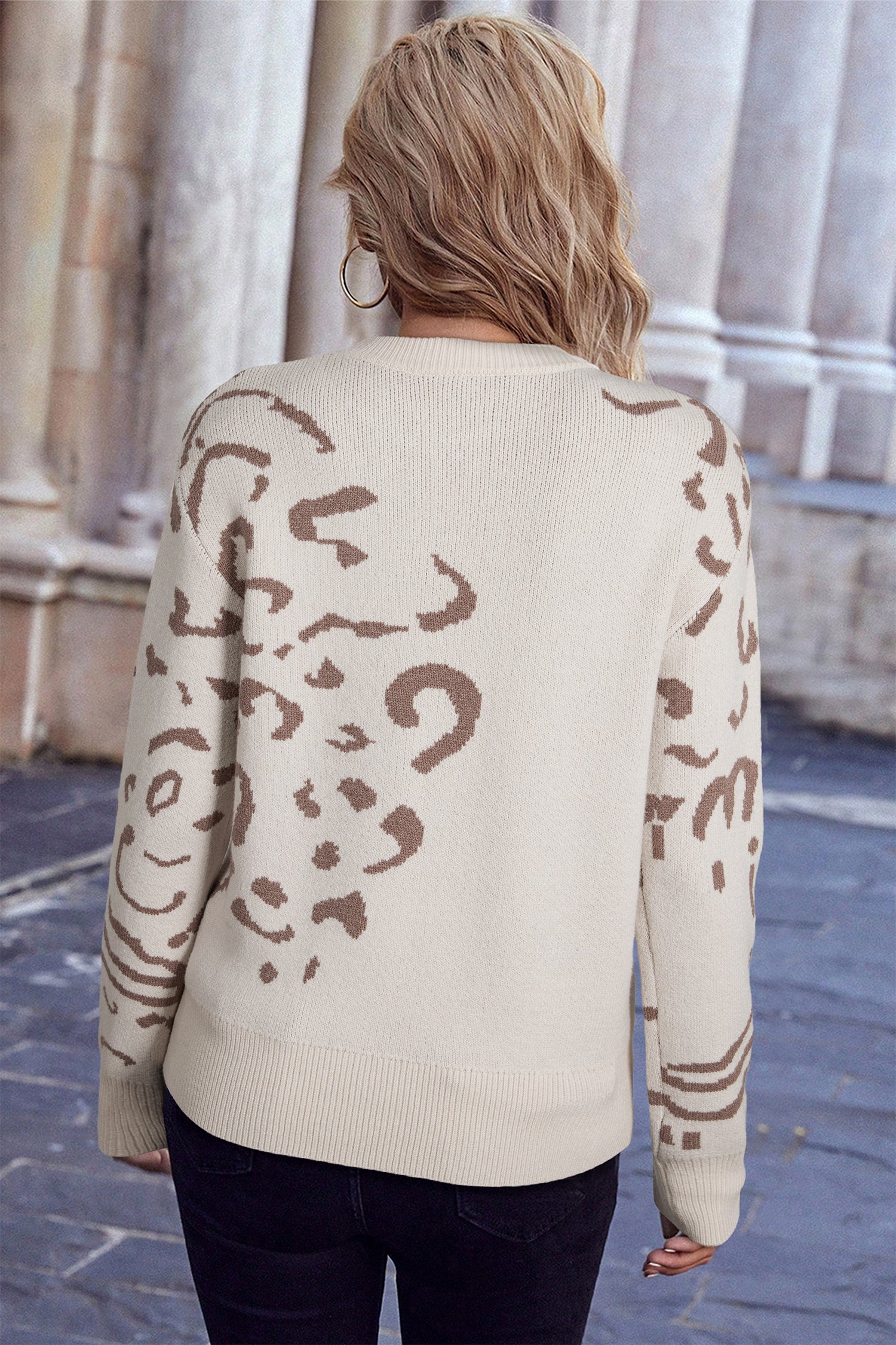 Beige Asymmetric Leopard Print Detail Drop Shoulder Sweater-TOPS / DRESSES-[Adult]-[Female]-2022 Online Blue Zone Planet