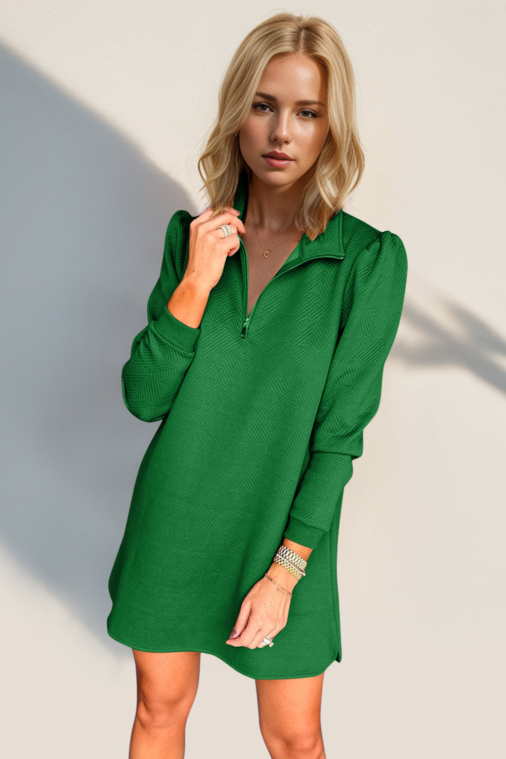 Blue Zone Planet | Double Take Textured Quarter Zip Long Sleeve Dress-TOPS / DRESSES-[Adult]-[Female]-Green-S-2022 Online Blue Zone Planet