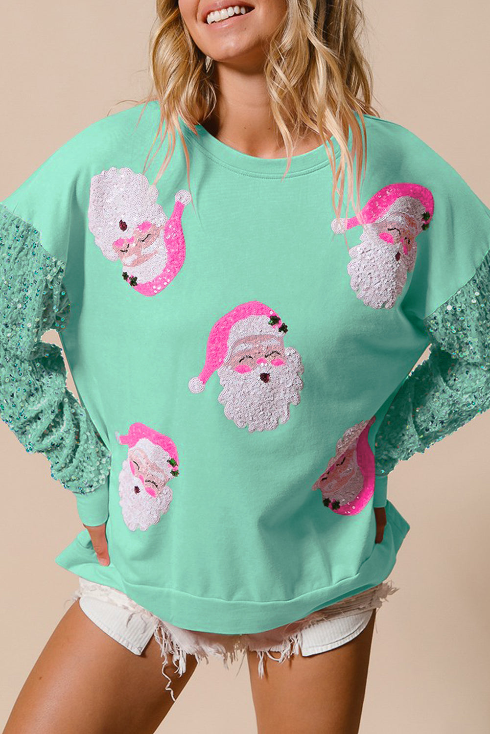 Blue Zone Planet | Pink Sequined Santa Claus Long Sleeve Christmas Sweatshirt-Sweatshirts & Hoodies-[Adult]-[Female]-Moonlight Jade-S-2022 Online Blue Zone Planet