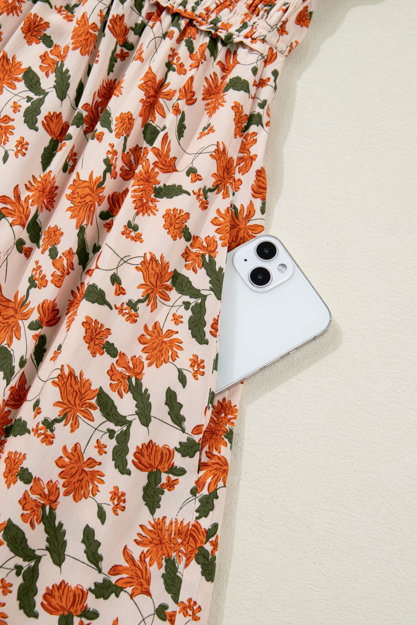 Beige Plus Size Floral Print V Neck Long Sleeve Babydoll Short Dress-TOPS / DRESSES-[Adult]-[Female]-2022 Online Blue Zone Planet