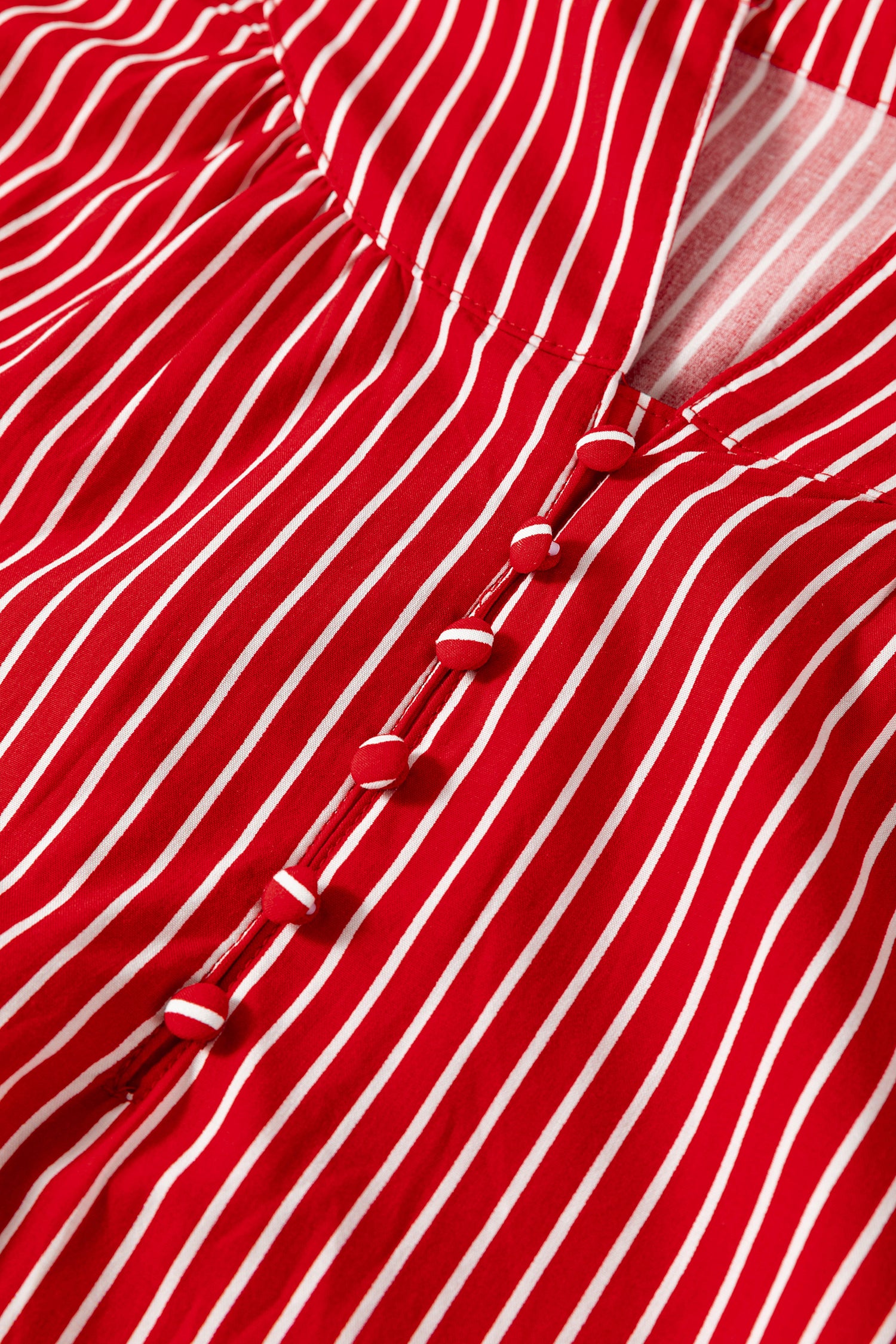 Red Stripe Ruffled Short Puff Sleeve Button Front Blouse-Tops/Blouses & Shirts-[Adult]-[Female]-2022 Online Blue Zone Planet