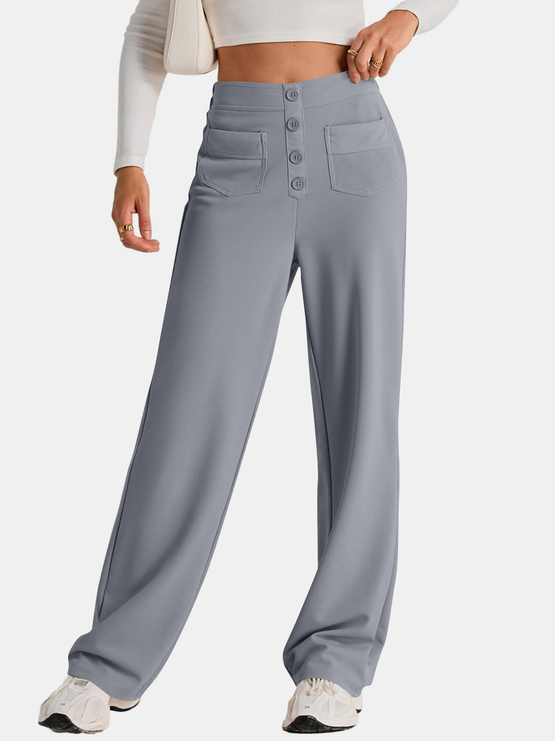 Blue Zone Planet | High Waist Wide Leg Pants-TOPS / DRESSES-[Adult]-[Female]-Gray-S-2022 Online Blue Zone Planet