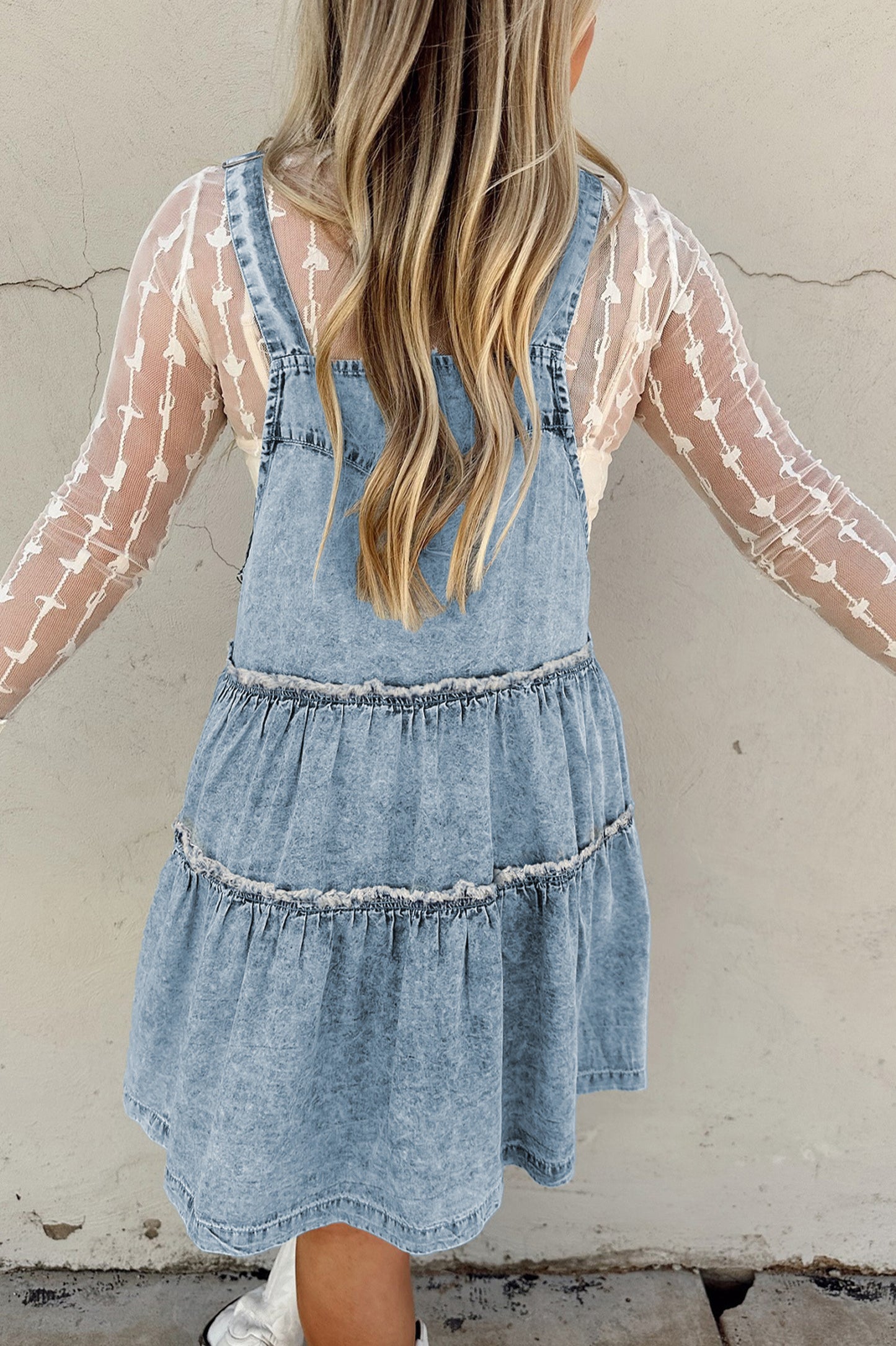Dusk Blue Light Wash Tiered Flowy Overall Denim Dress-TOPS / DRESSES-[Adult]-[Female]-2022 Online Blue Zone Planet