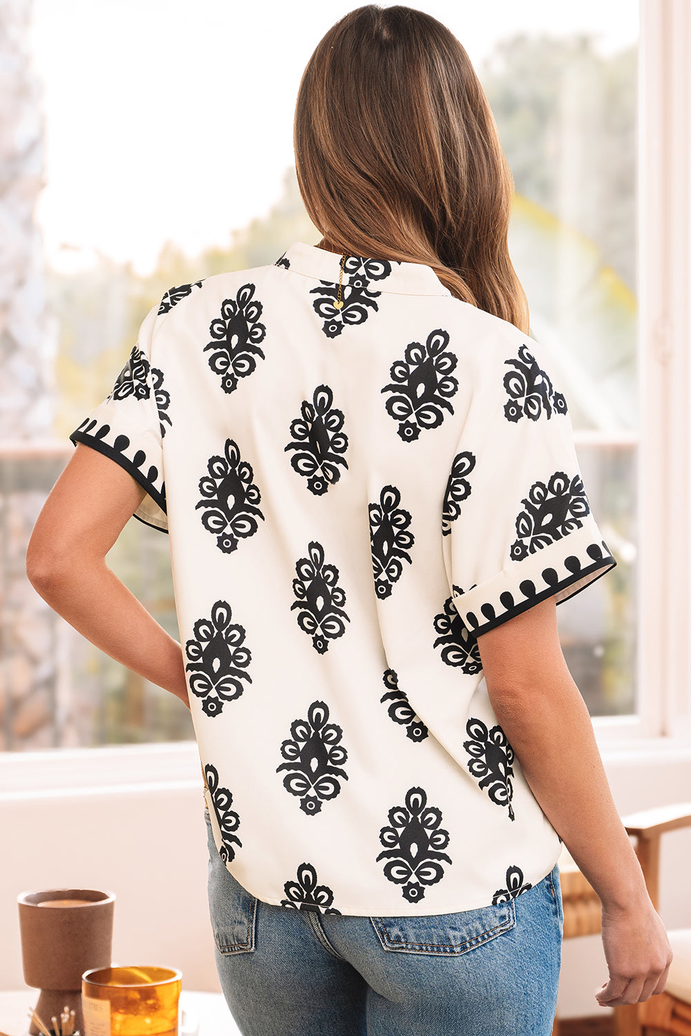 Black Geometric Print Short Sleeve V Neck Blouse-Tops/Blouses & Shirts-[Adult]-[Female]-2022 Online Blue Zone Planet