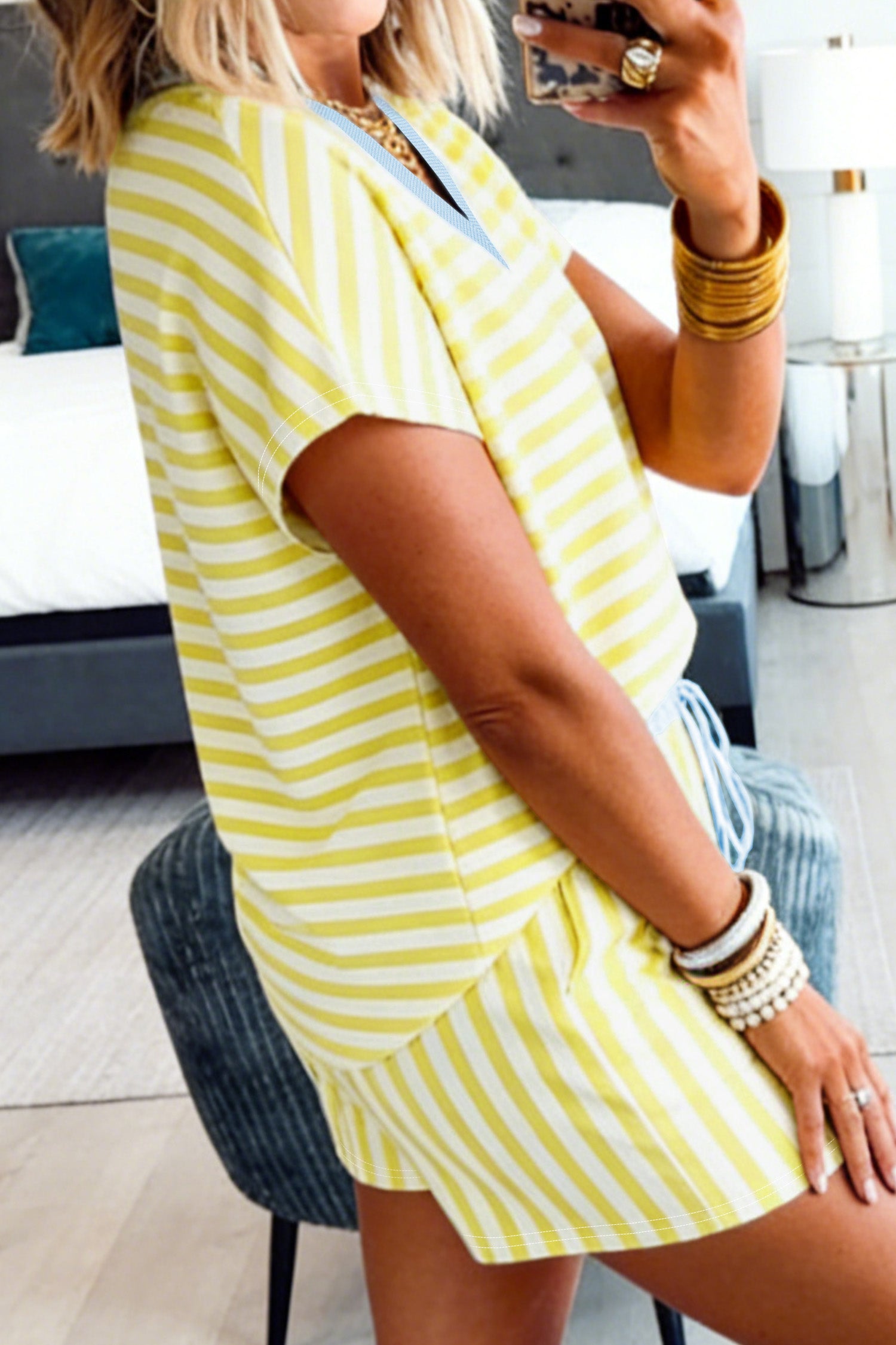 Yellow Stripe Colorblock Trim V Neck Tee Drawstring Elastic Waist Short Set-Two Piece Sets/Short Sets-[Adult]-[Female]-2022 Online Blue Zone Planet