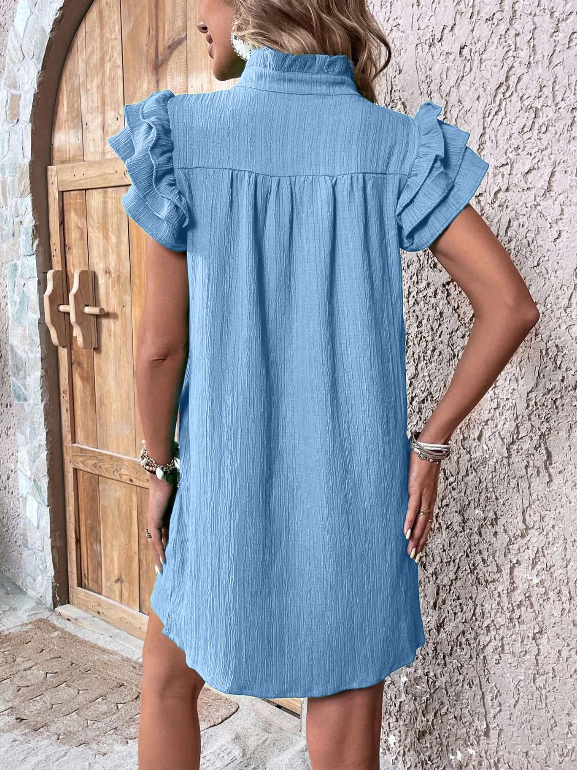 Ruffled Notched Cap Sleeve Mini Dress-TOPS / DRESSES-[Adult]-[Female]-2022 Online Blue Zone Planet