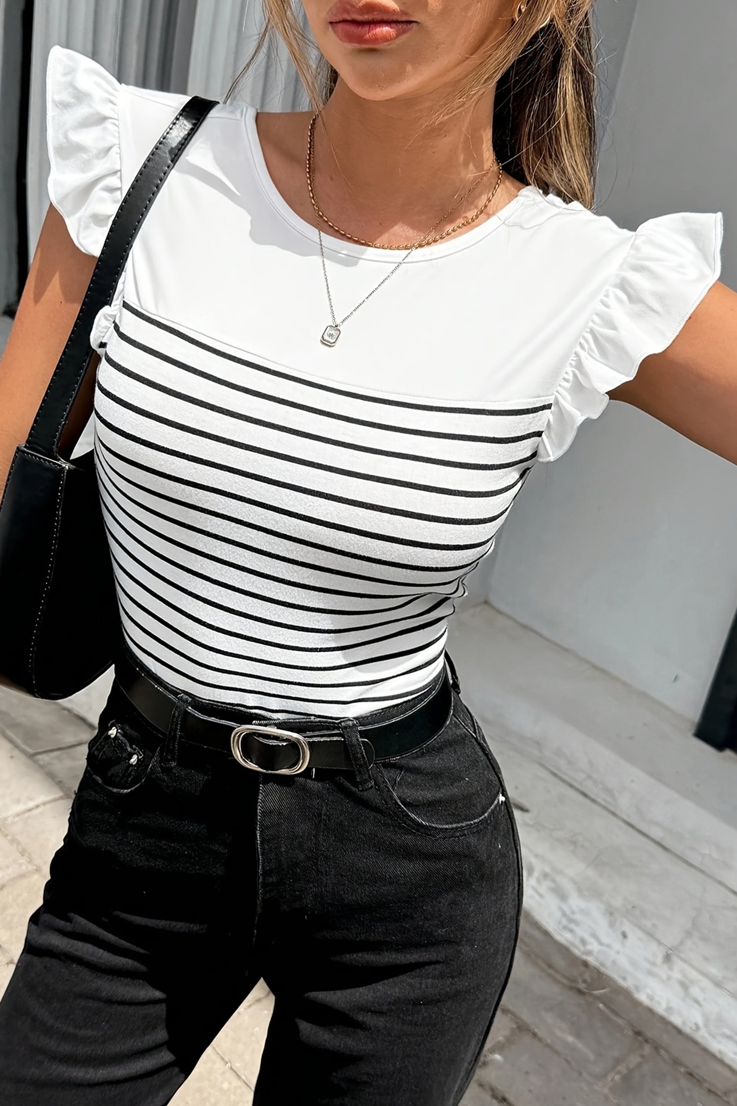 White Stripe Contrast Knot Back Ruffle Trim Tank Top-Tops/Tank Tops-[Adult]-[Female]-2022 Online Blue Zone Planet