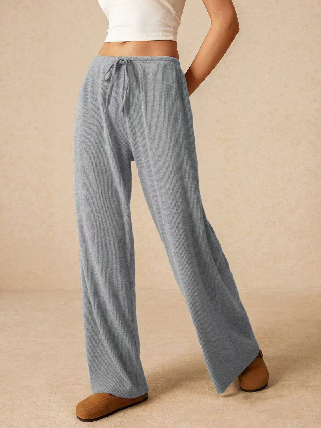 Blue Zone Planet | Ribbed Drawstring Wide Leg Pants-BOTTOMS SIZES SMALL MEDIUM LARGE-[Adult]-[Female]-Gray-S-2022 Online Blue Zone Planet