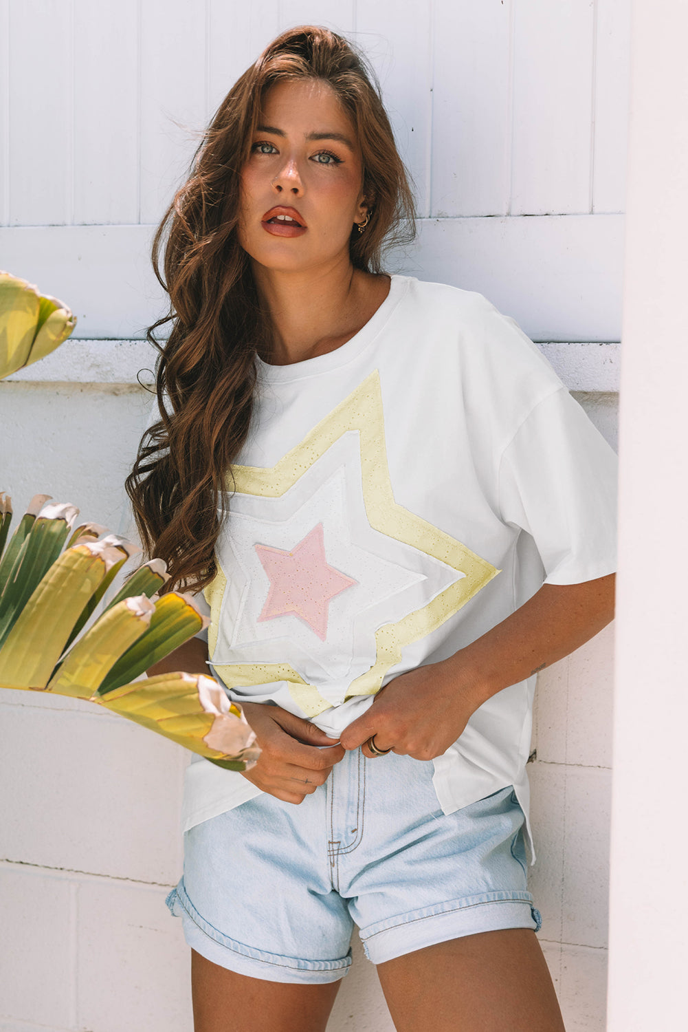 White Star Layered Patched Graphic Drop Shoulder Half Sleeve Loose Tee-Tops/Tops & Tees-[Adult]-[Female]-2022 Online Blue Zone Planet