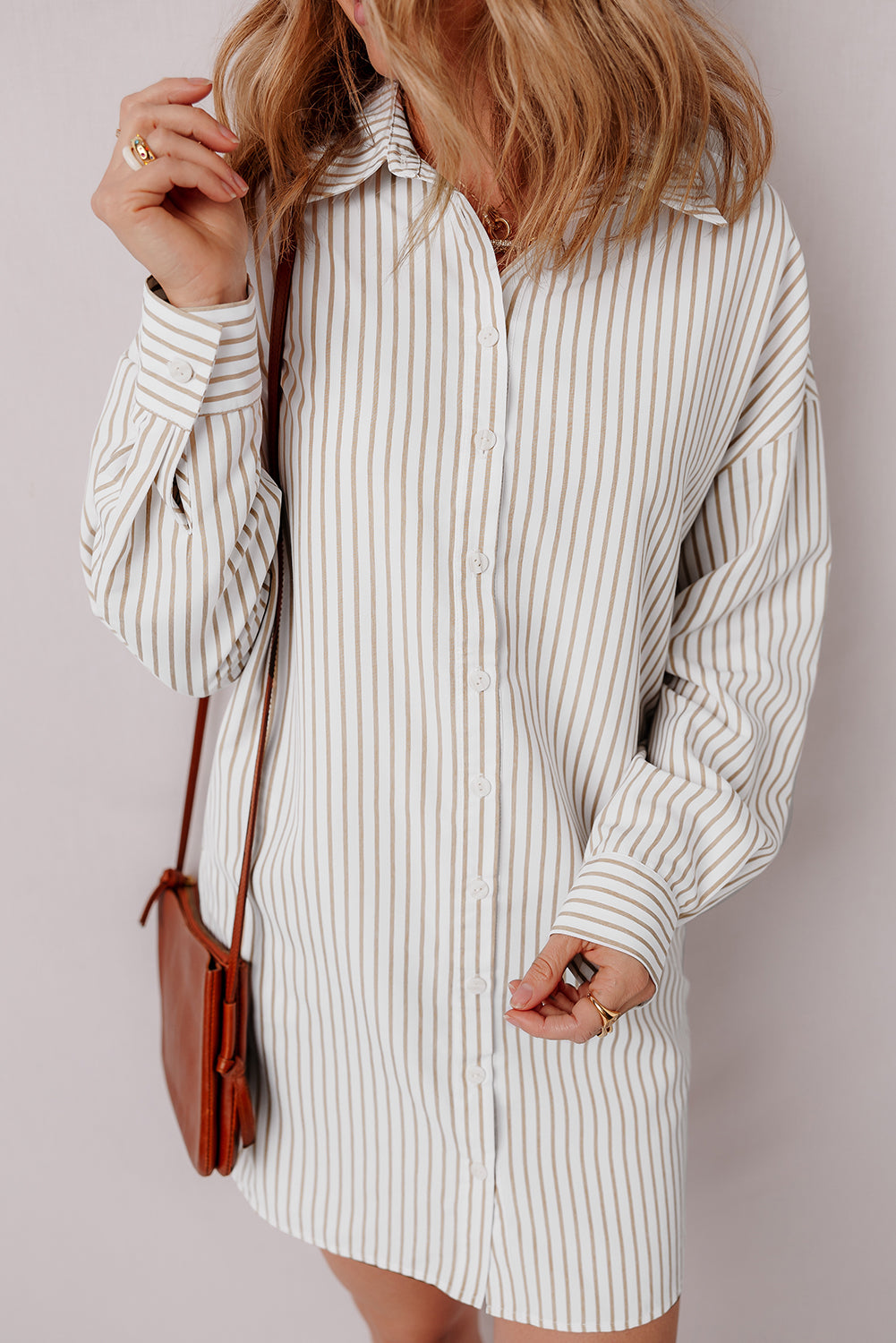 Blue Zone Planet | Khaki Stripe Long Sleeve Button Up Mini Shirt Dress-TOPS / DRESSES-[Adult]-[Female]-2022 Online Blue Zone Planet