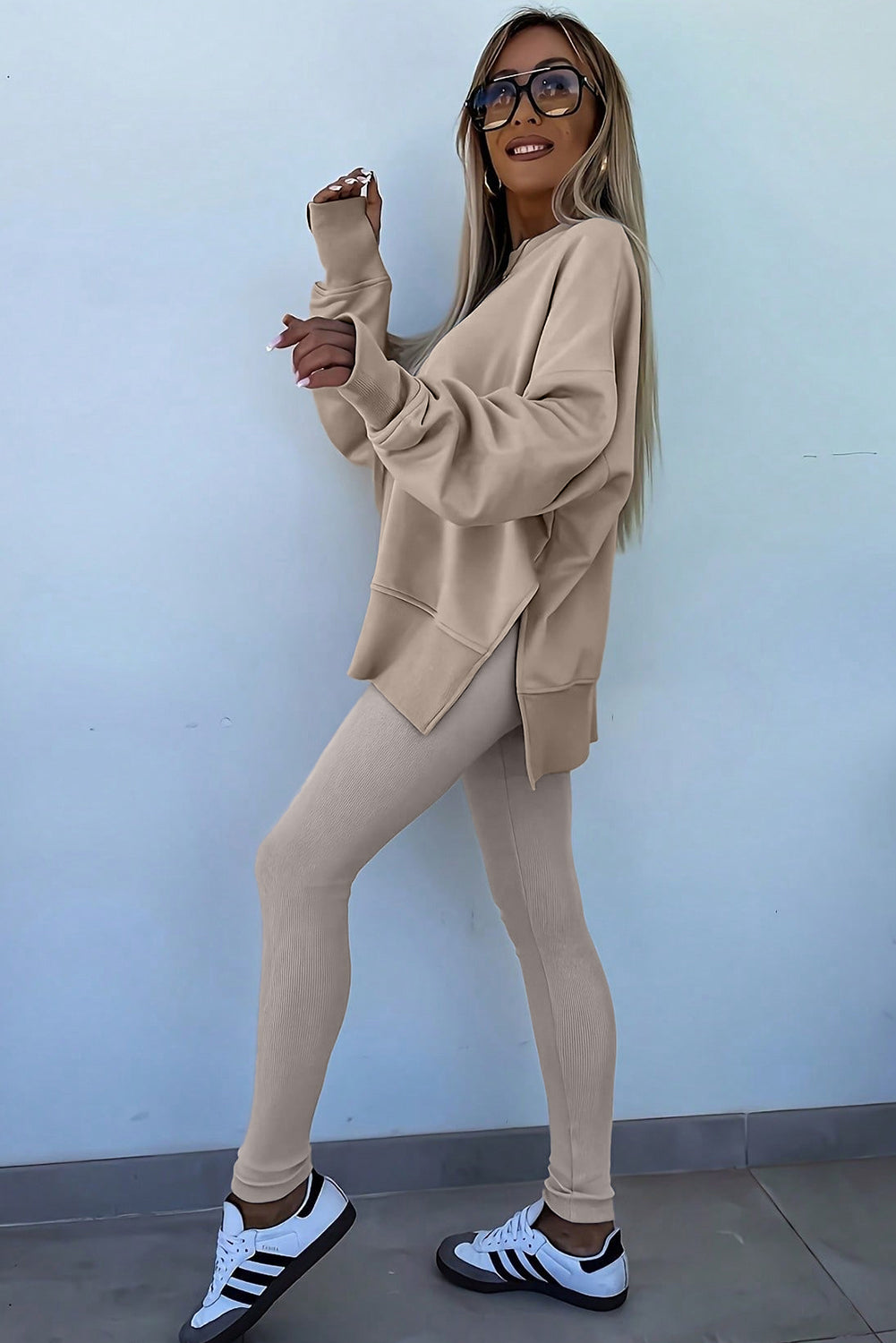 Jet Stream Solid Color Oversize Slit Sweatshirt Ribbed Leggings 2pcs Set-Two Piece Sets/Pant Sets-[Adult]-[Female]-2022 Online Blue Zone Planet