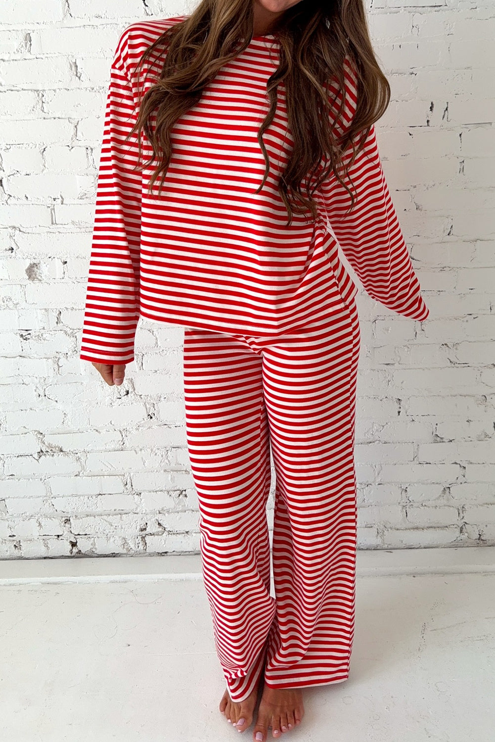Red Stripe Drop Shoulder Long Sleeve Top Lounge Pants 2pcs Set-Loungewear & Sleepwear/Loungewear-[Adult]-[Female]-Red Stripe-S-2022 Online Blue Zone Planet