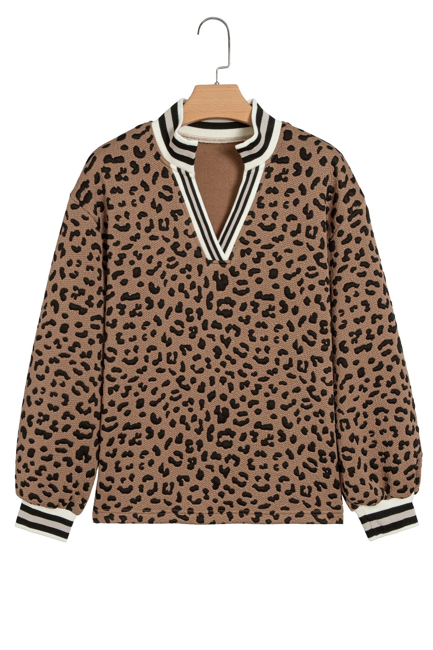 Brown Leopard Print Striped Trim Collar Long Sleeve Shift Pullover-Tops/Long Sleeve Tops-[Adult]-[Female]-2022 Online Blue Zone Planet