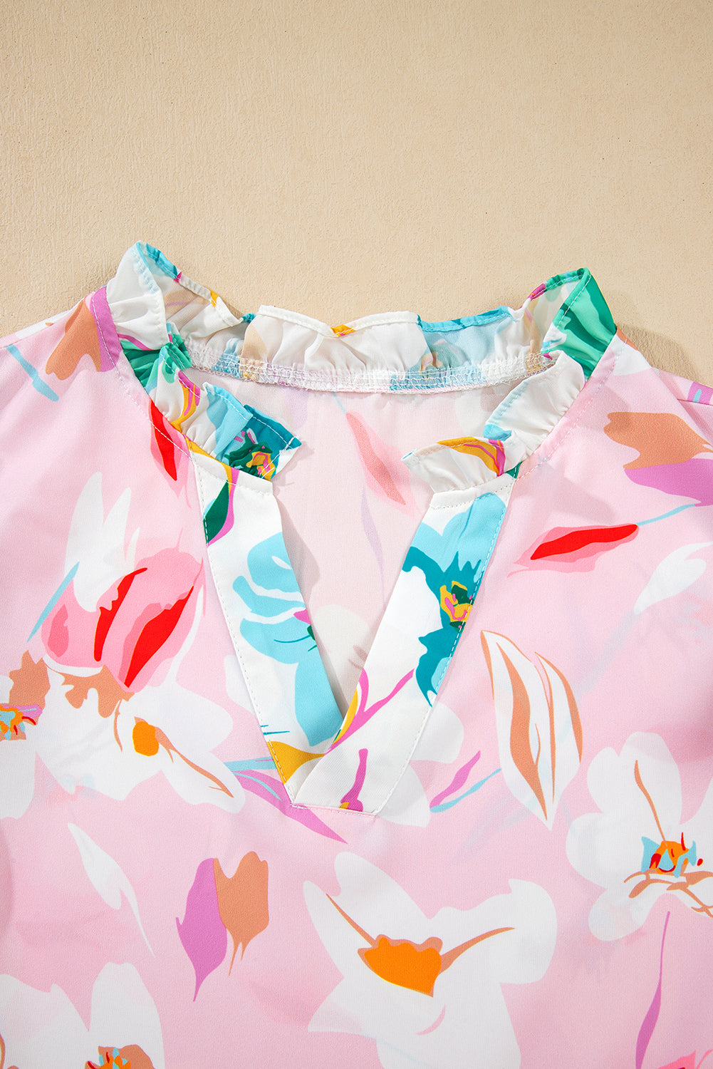 Multicolour Contrast Floral Patchwork Notched Neck Flutter Sleeve Blouse-Tops/Blouses & Shirts-[Adult]-[Female]-2022 Online Blue Zone Planet