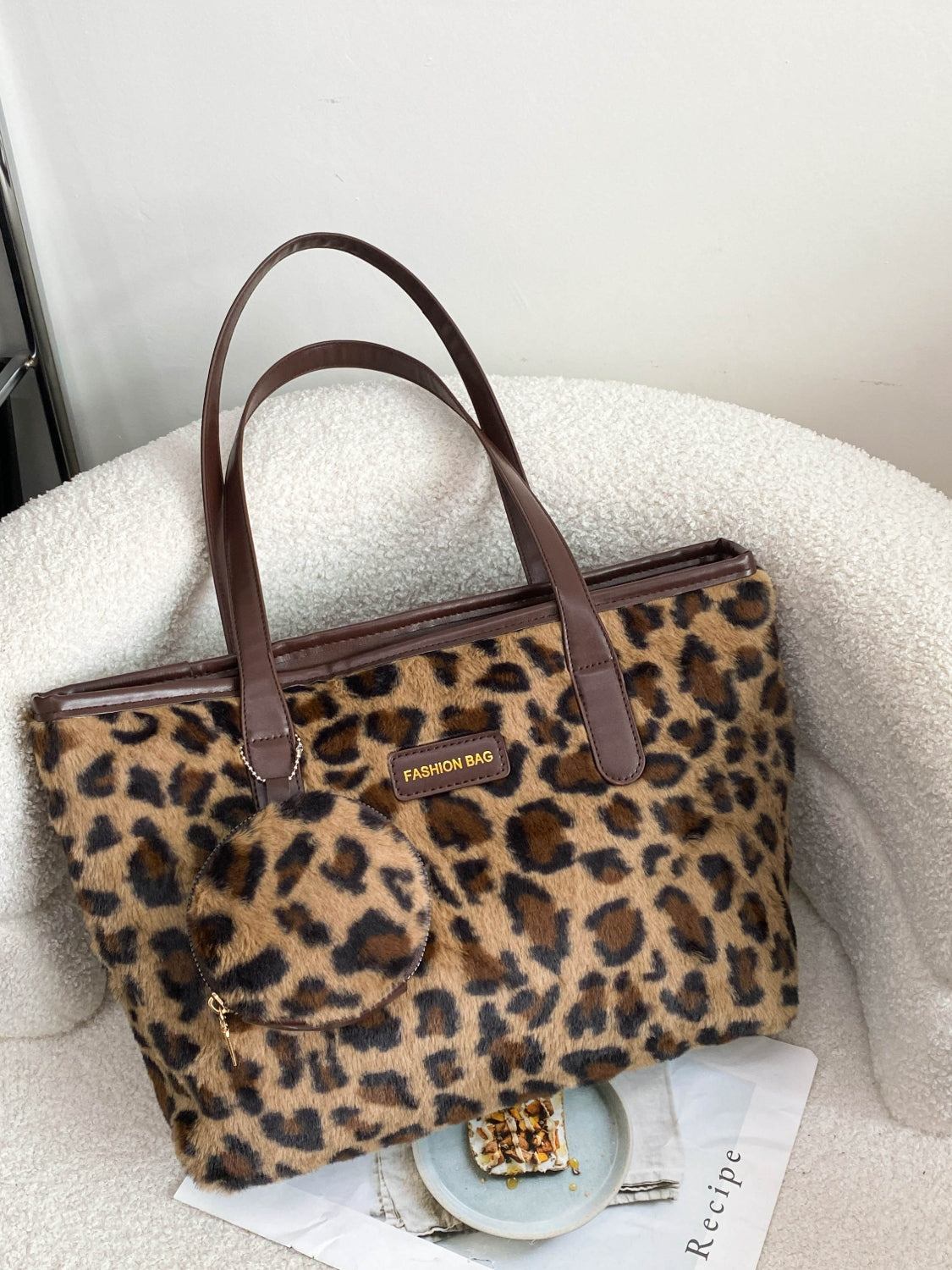 Leopard Faux Fur Tote Bag with Coin Purse-Handbags-[Adult]-[Female]-Brown-One Size-2022 Online Blue Zone Planet