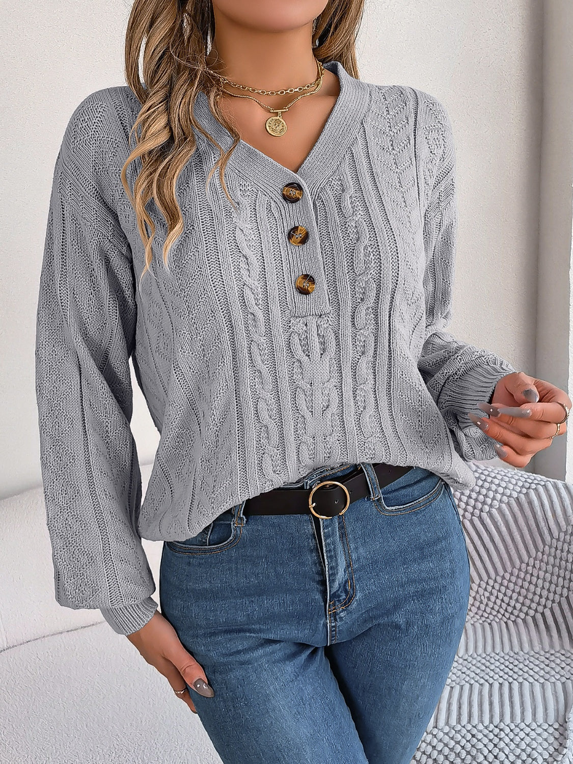 Cable-Knit V-Neck Long Sleeve Sweater-TOPS / DRESSES-[Adult]-[Female]-2022 Online Blue Zone Planet