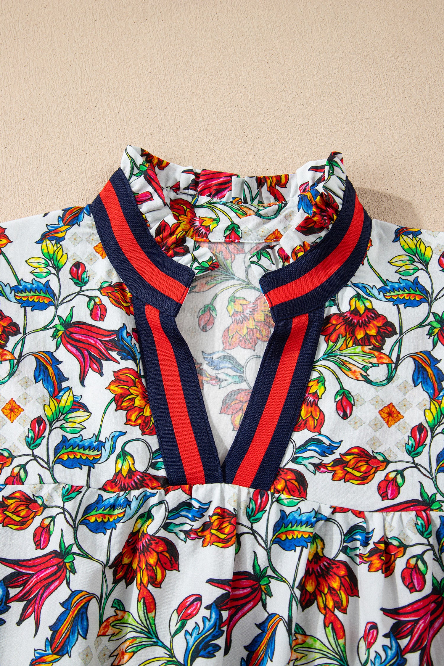 Multicolour Contrasted V Neckline Floral Puff Short Sleeve Blouse-Tops/Blouses & Shirts-[Adult]-[Female]-2022 Online Blue Zone Planet